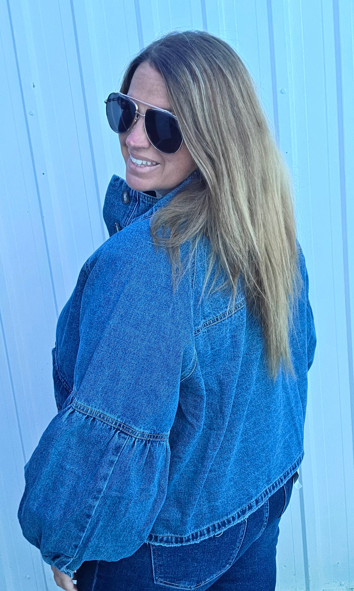 Medium Blue Balloon Sleeve Denim Jacket