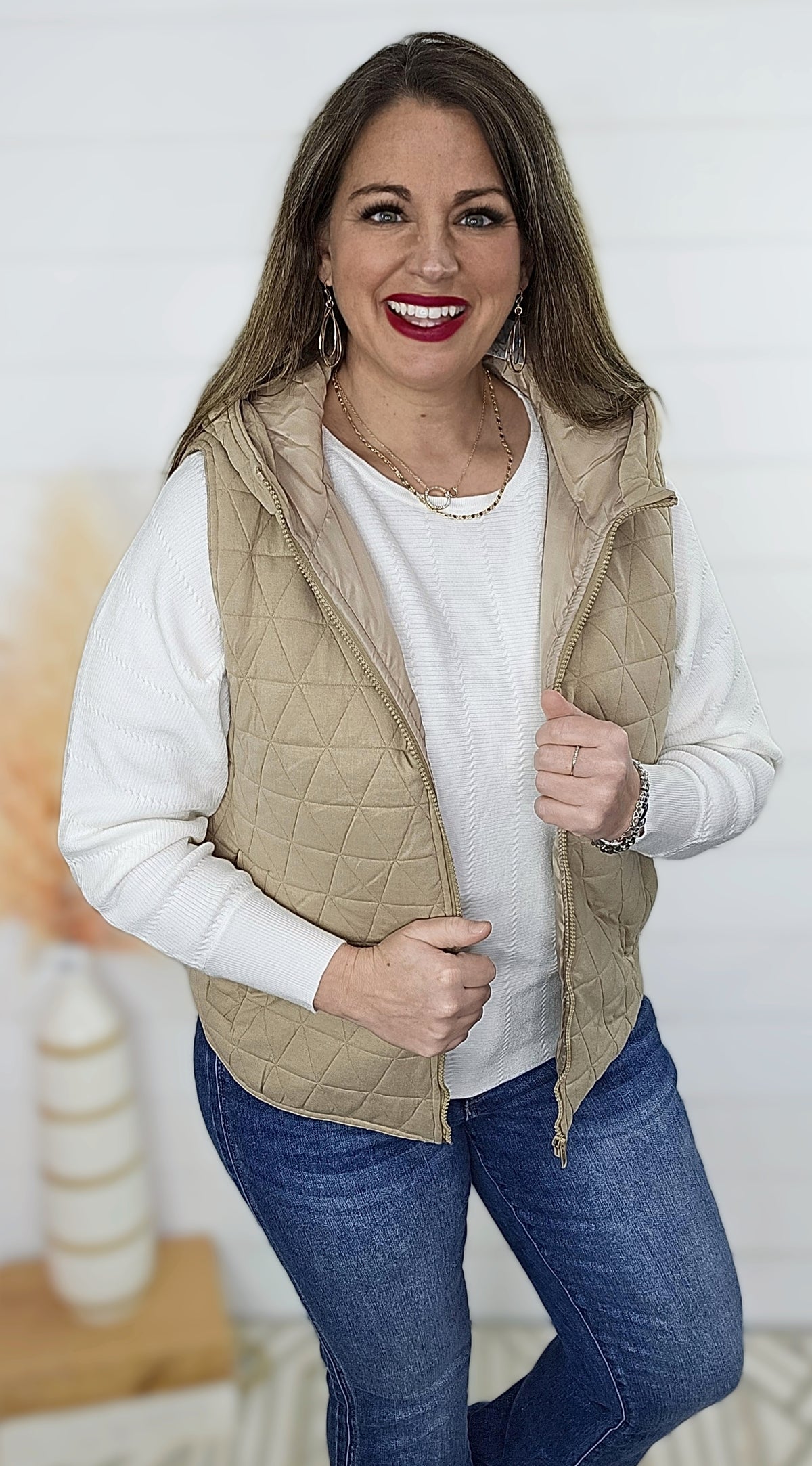 TAUPE QUILTED HOODED VEST