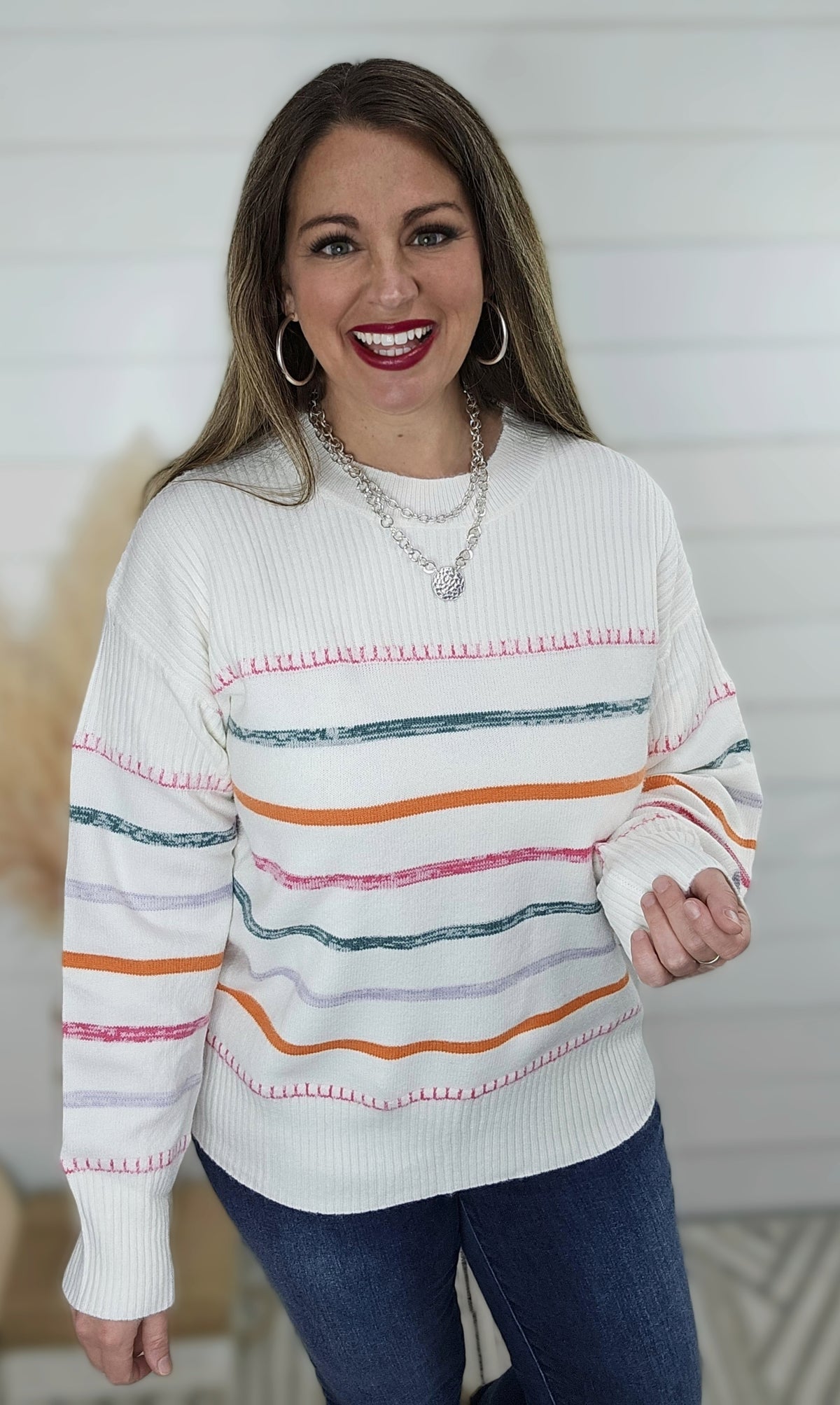 WHITE MULTI STRIPED CREW NECK SWEATER