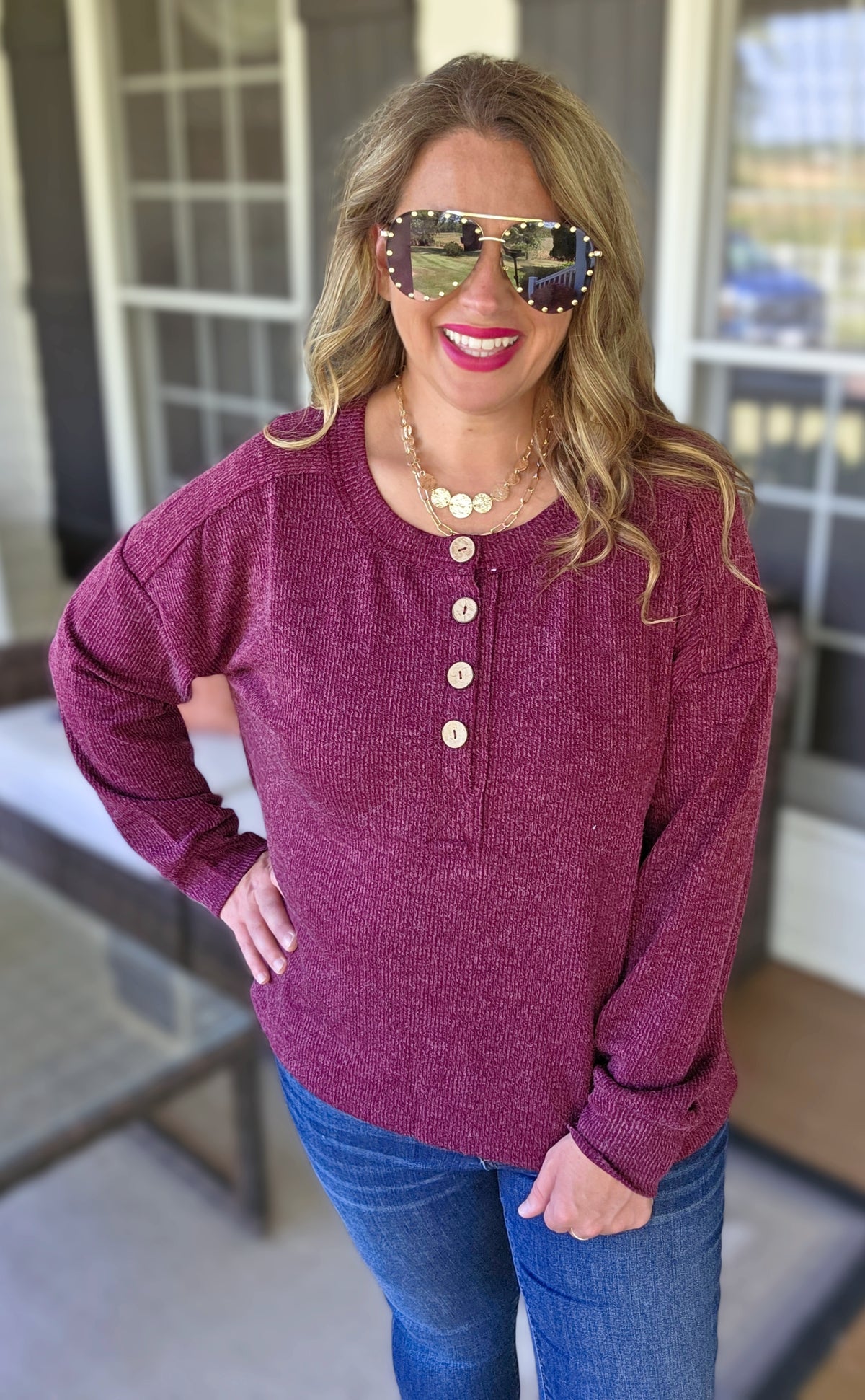 BURGUNDY RIBBED TEXTURED LONG SLEEVE HENLEY KNIT TOP