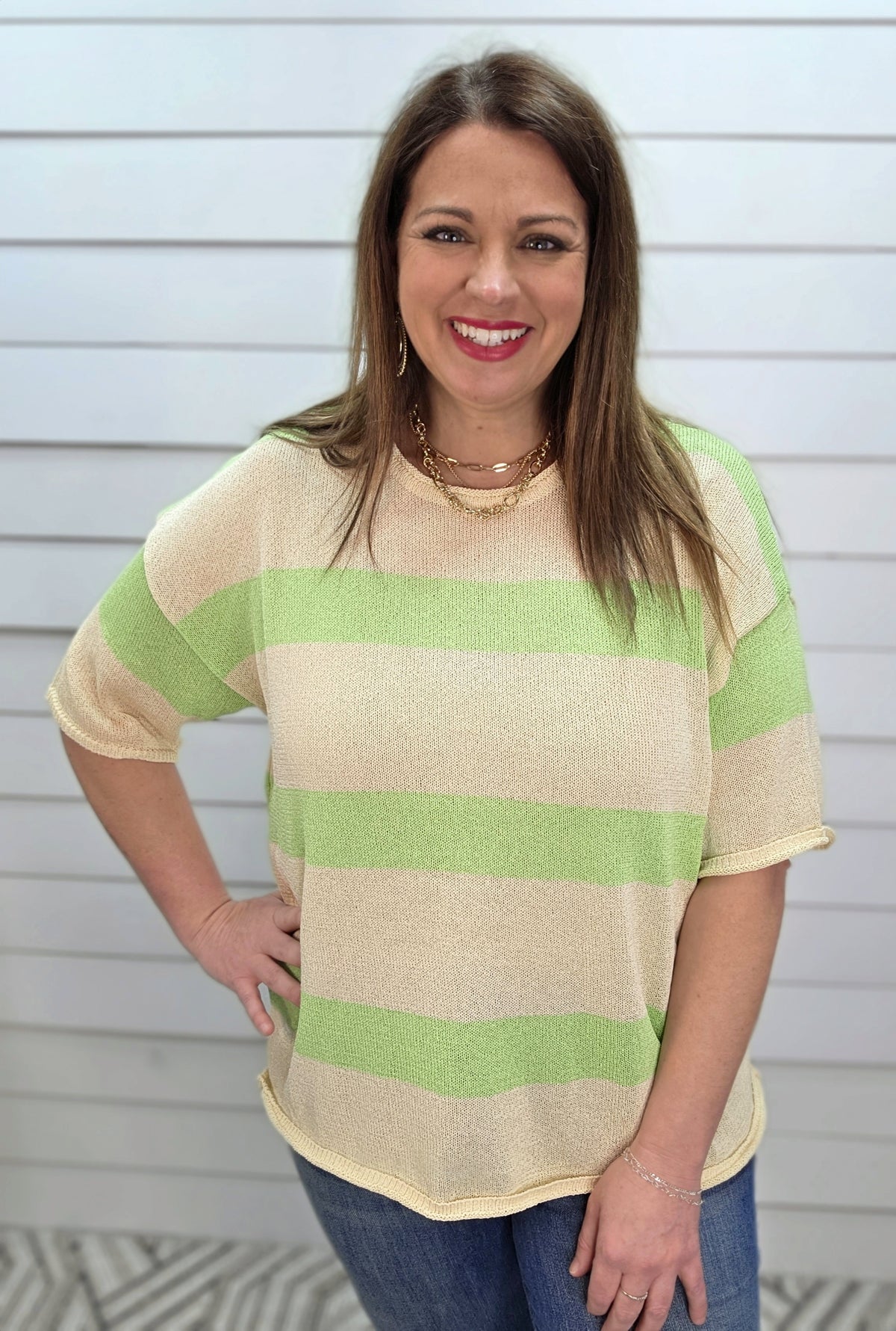 GREEN/CREAM STRIPED SHORT SLEEVE LIGHT WEIGHT SWEATER