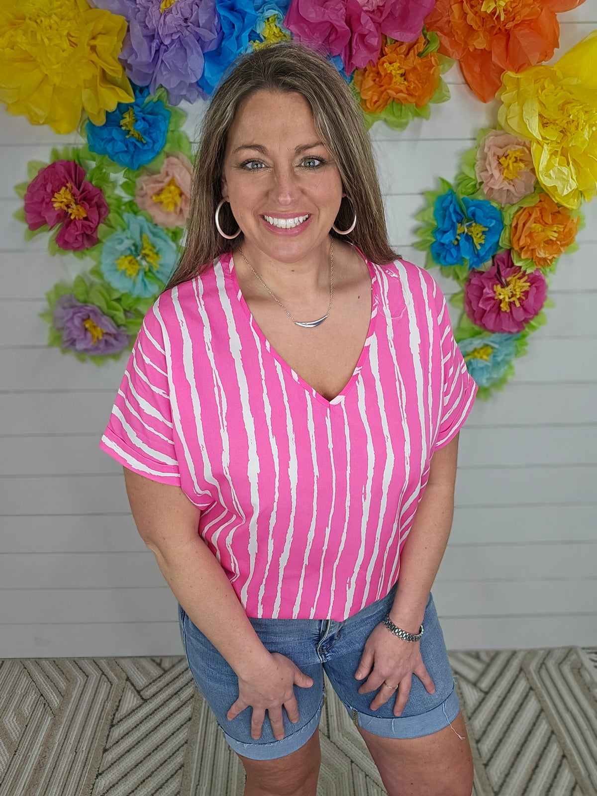 FUSCHIA VERTICAL STRIPE V NECK WOVEN TOP