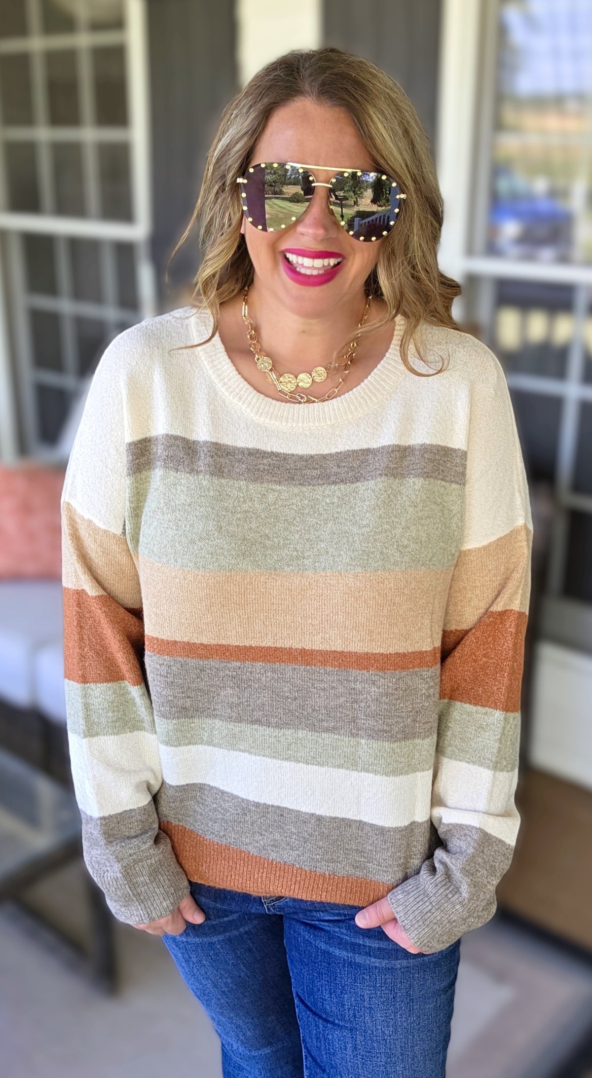 MOCHA/TAUPE/RUST COLORBLOCK KNIT LIGHT WEIGHT SWEATER