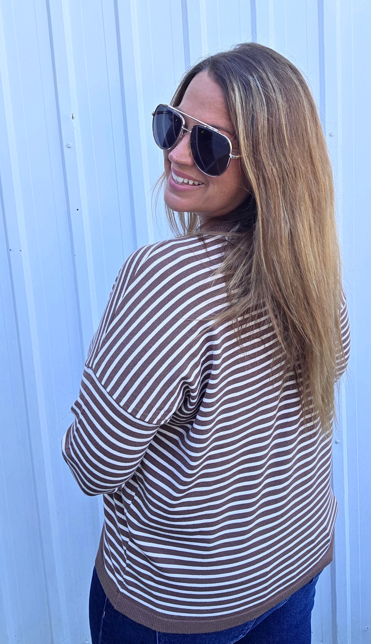 Chocolate Crew Neck, Long Sleeve, Light Weight Loose Fit, Striped Pullover Sweater