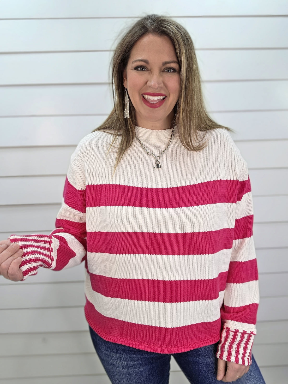 HOT PINK/OFF WHITE LARGE STRIPE PULLOVER SWEATER
