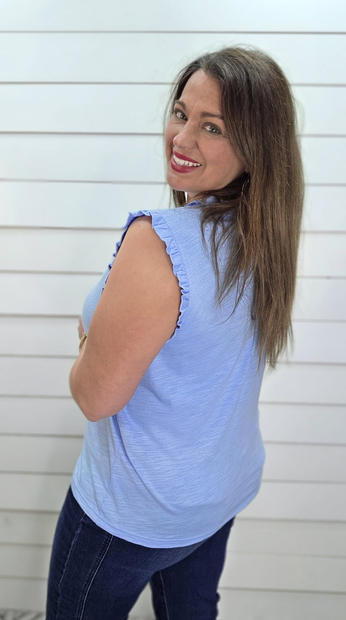 SKY BLUE RUFFLE NECK AND SLEEVE KNIT TOP