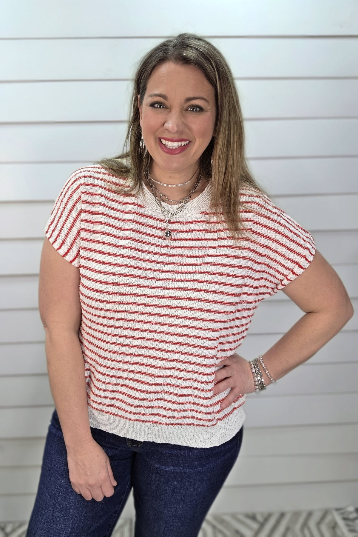 RED/WHTIE STRIPED SWEATER KNIT SHORT SLEEVE TOP