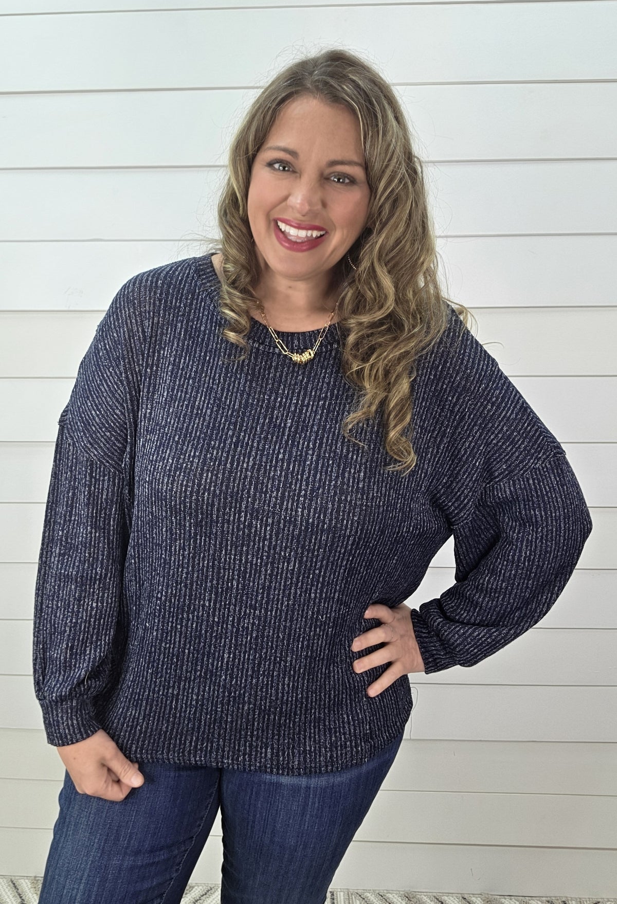 NAVY MARBLED LONG SLEEVE KNIT TOP
