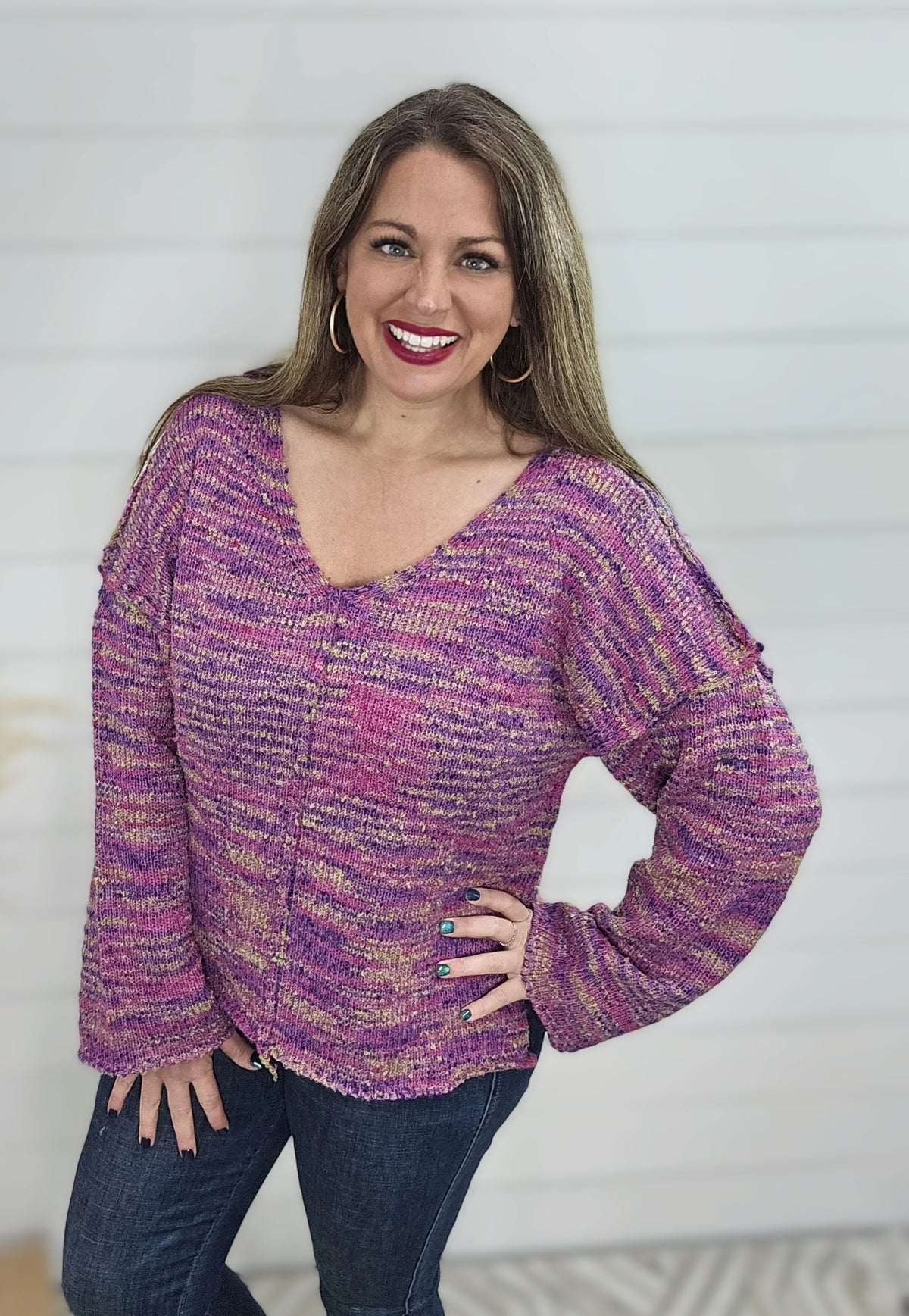 PINK MIX KNIT V NECK CENTER SEAM SWEATER