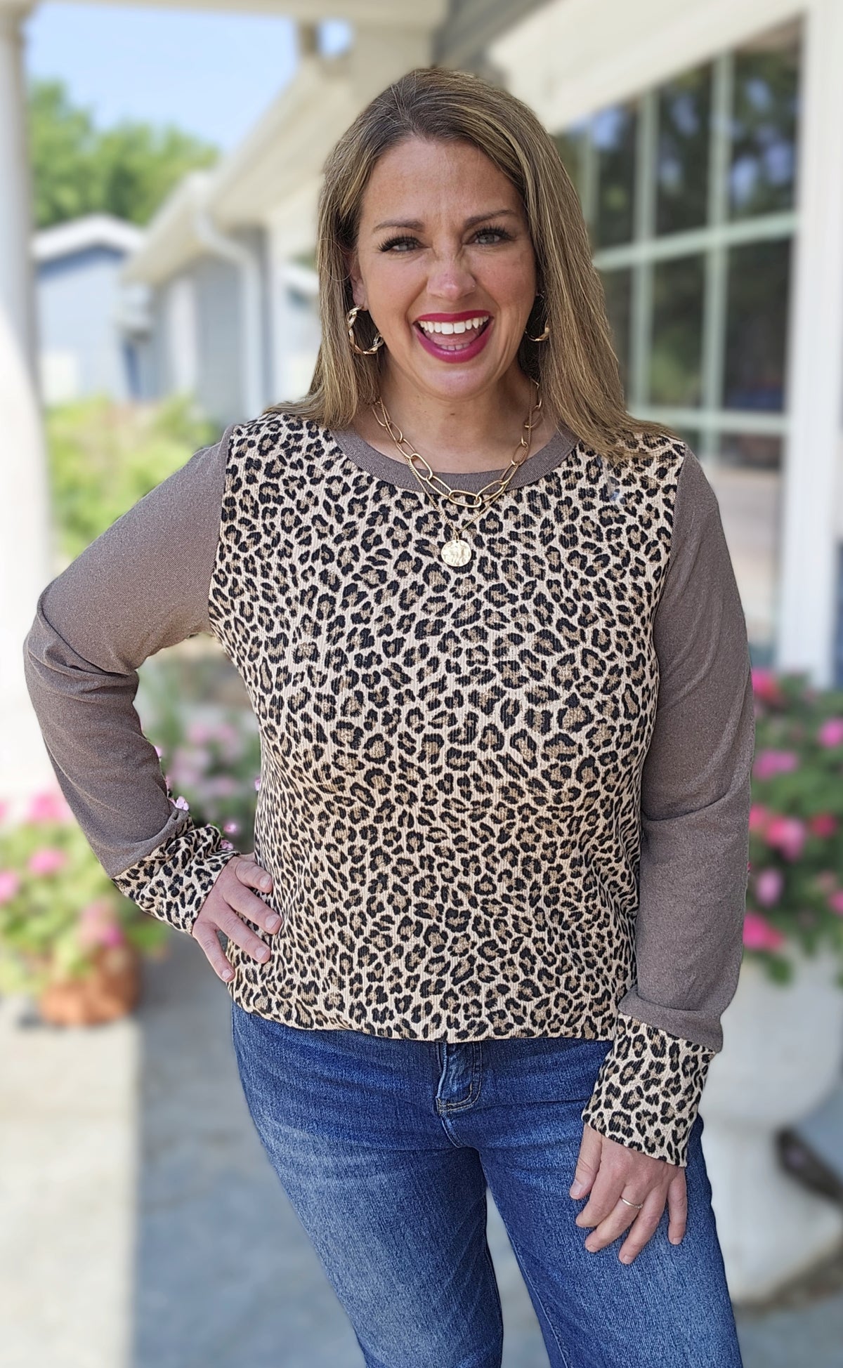 BROWN ANIMAL PRINT CONTRAST LONG SLEEVE KNIT TOP