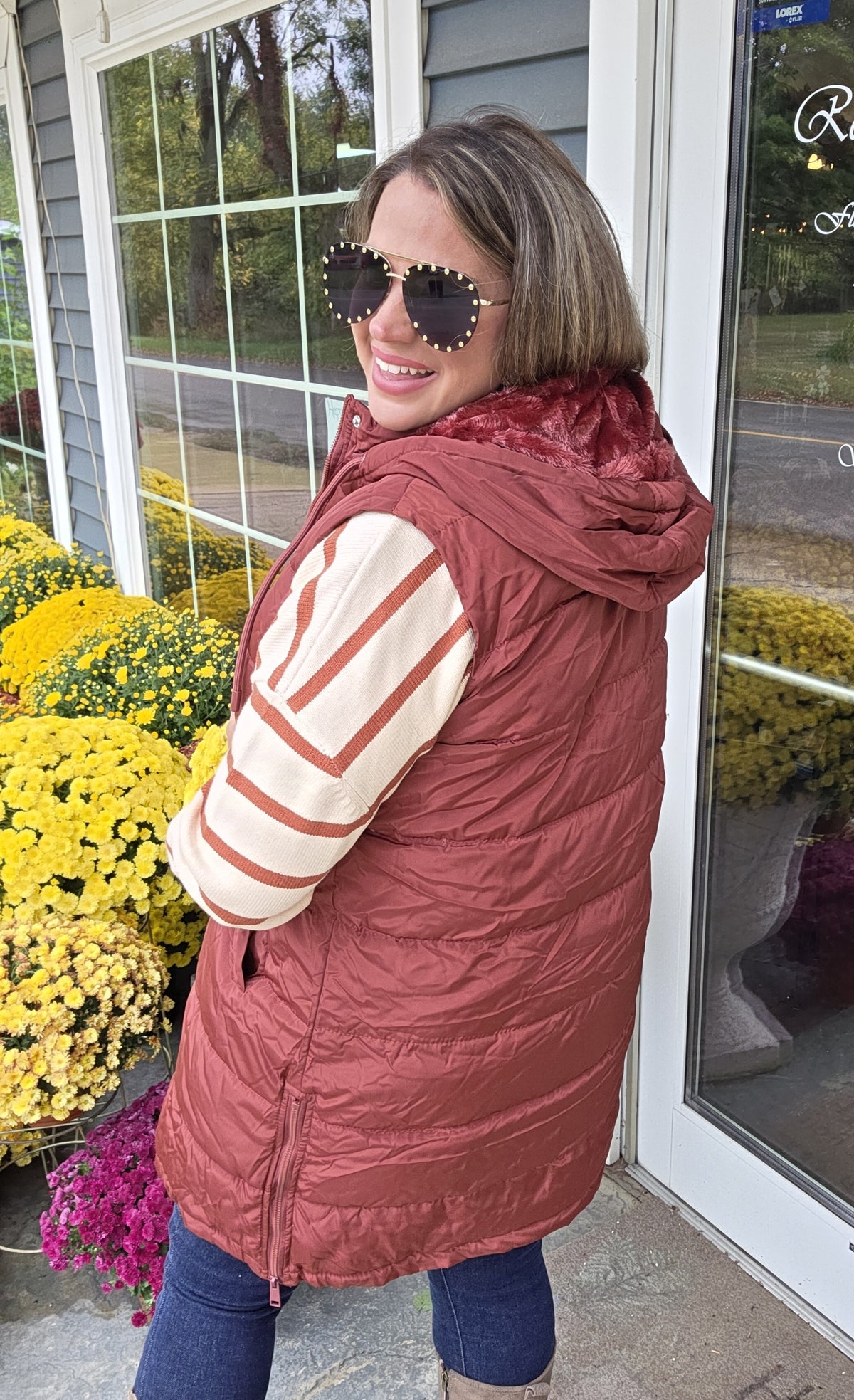 BRICK LONG PUFFER HOODED VEST WITH SIDE ZIPPER