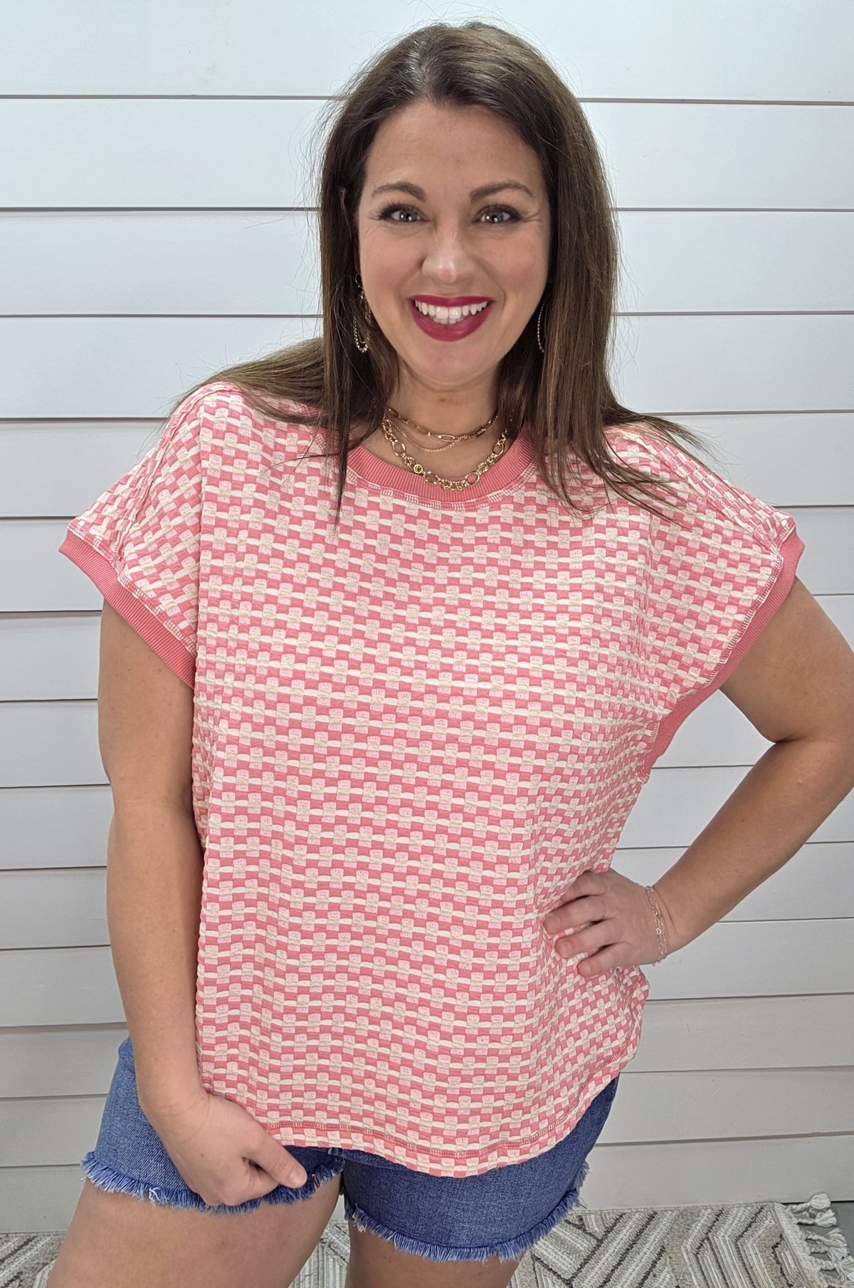 PINK/OATMEAL TEXTURED CHECK KNIT TOP