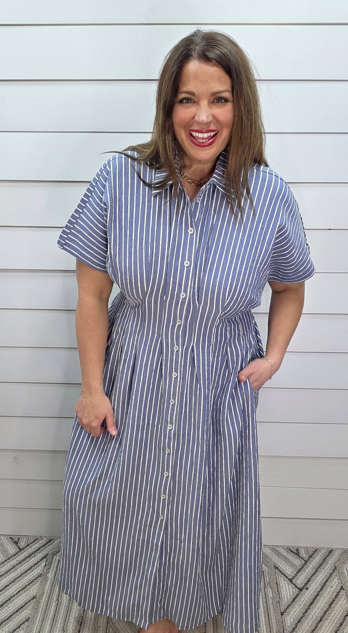Dusty Blue Striped Button Down Pleated Shirtdress with Pockets