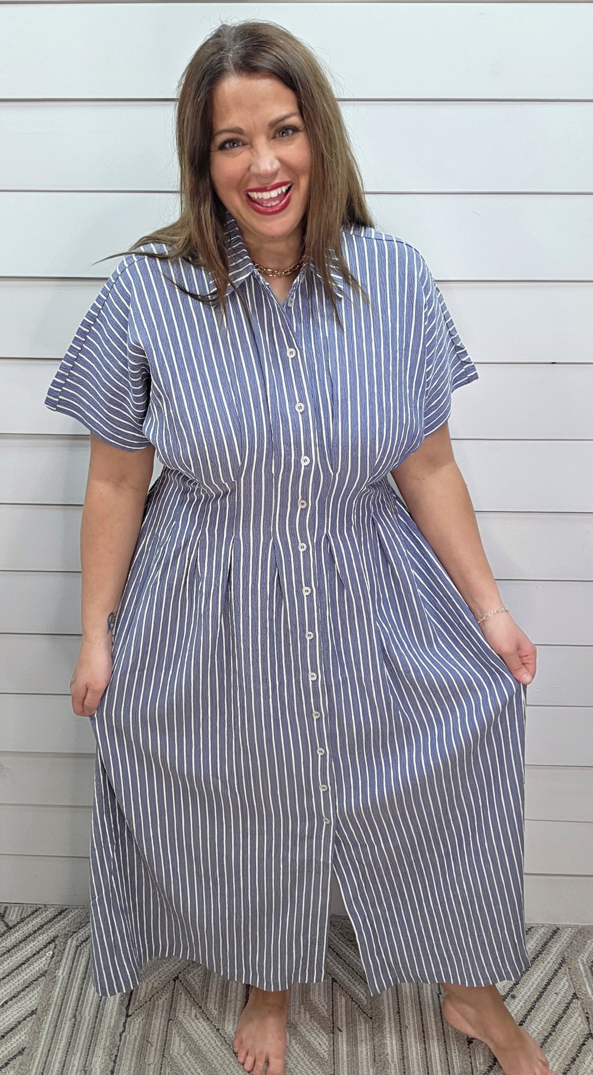 DUSTY BLUE STRIPED BUTTON DOWN PLEATED SHIRTDRESS W/ POCKETS