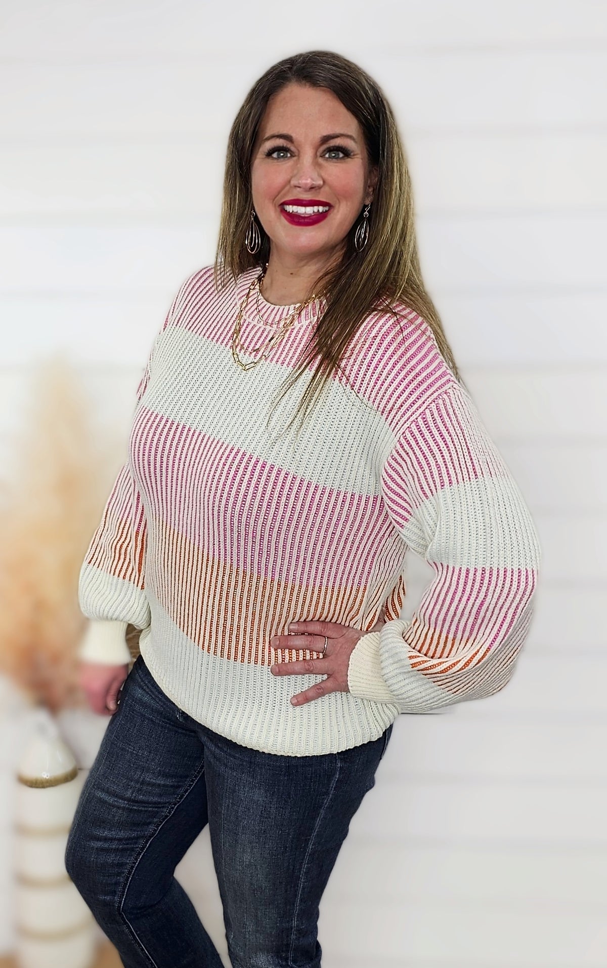 PINK COLORBLOCK TEXTURED KNIT SWEATER