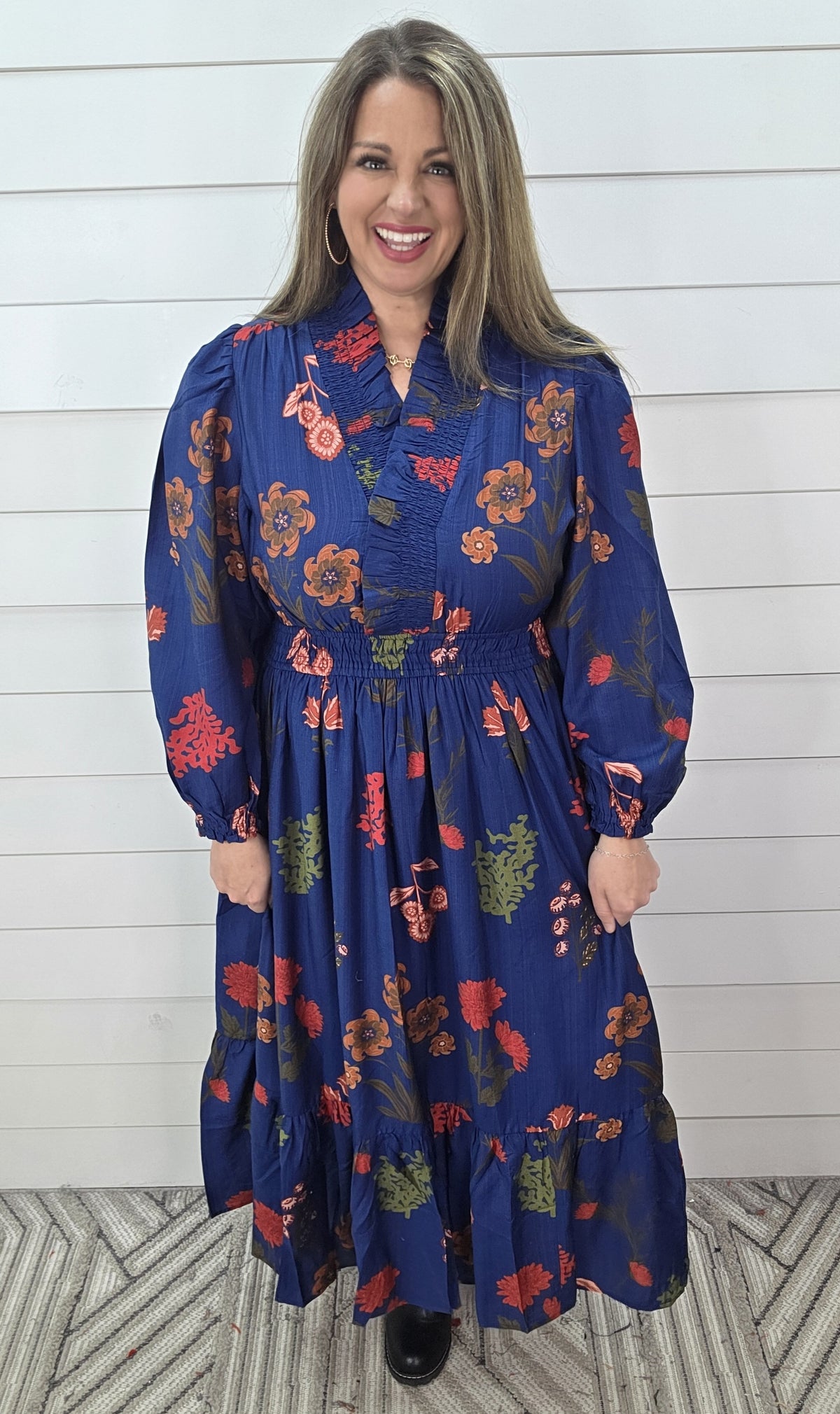 NAVY FLORAL ELASTIC WAIST V NECK LONG DRESS