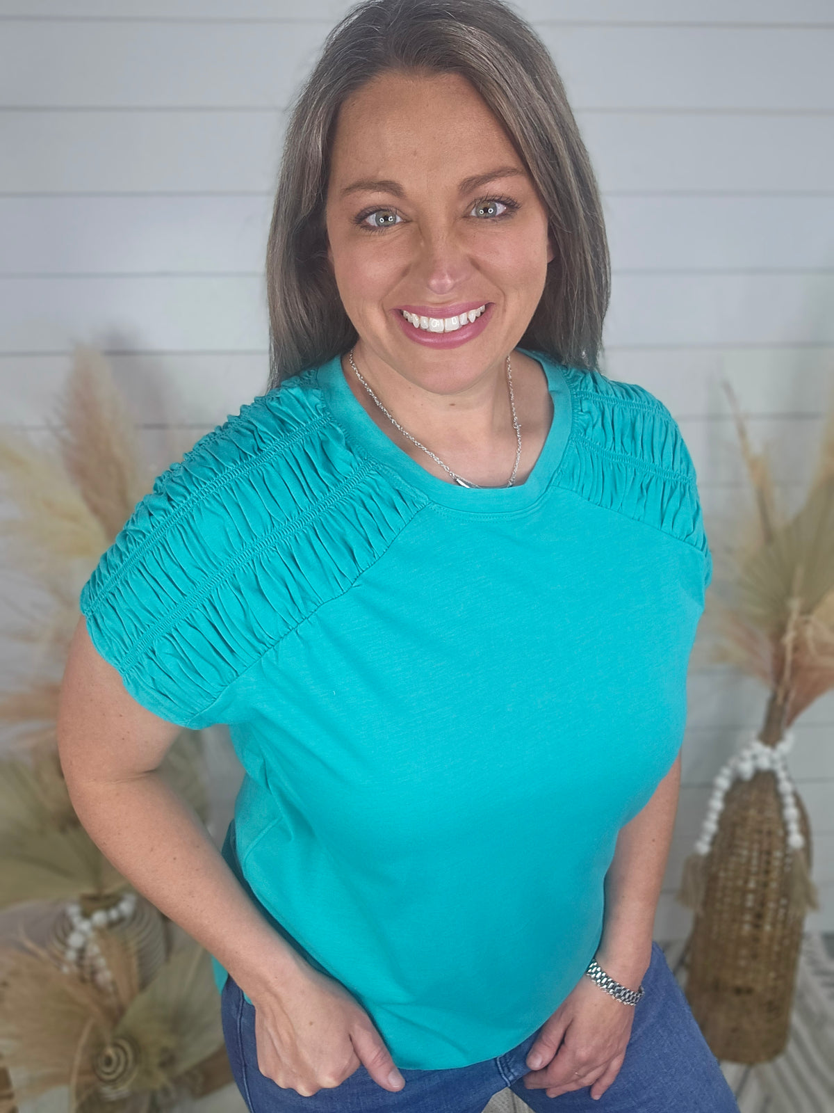 JADE SMOCKED SHOULDER CREW NECK TOP