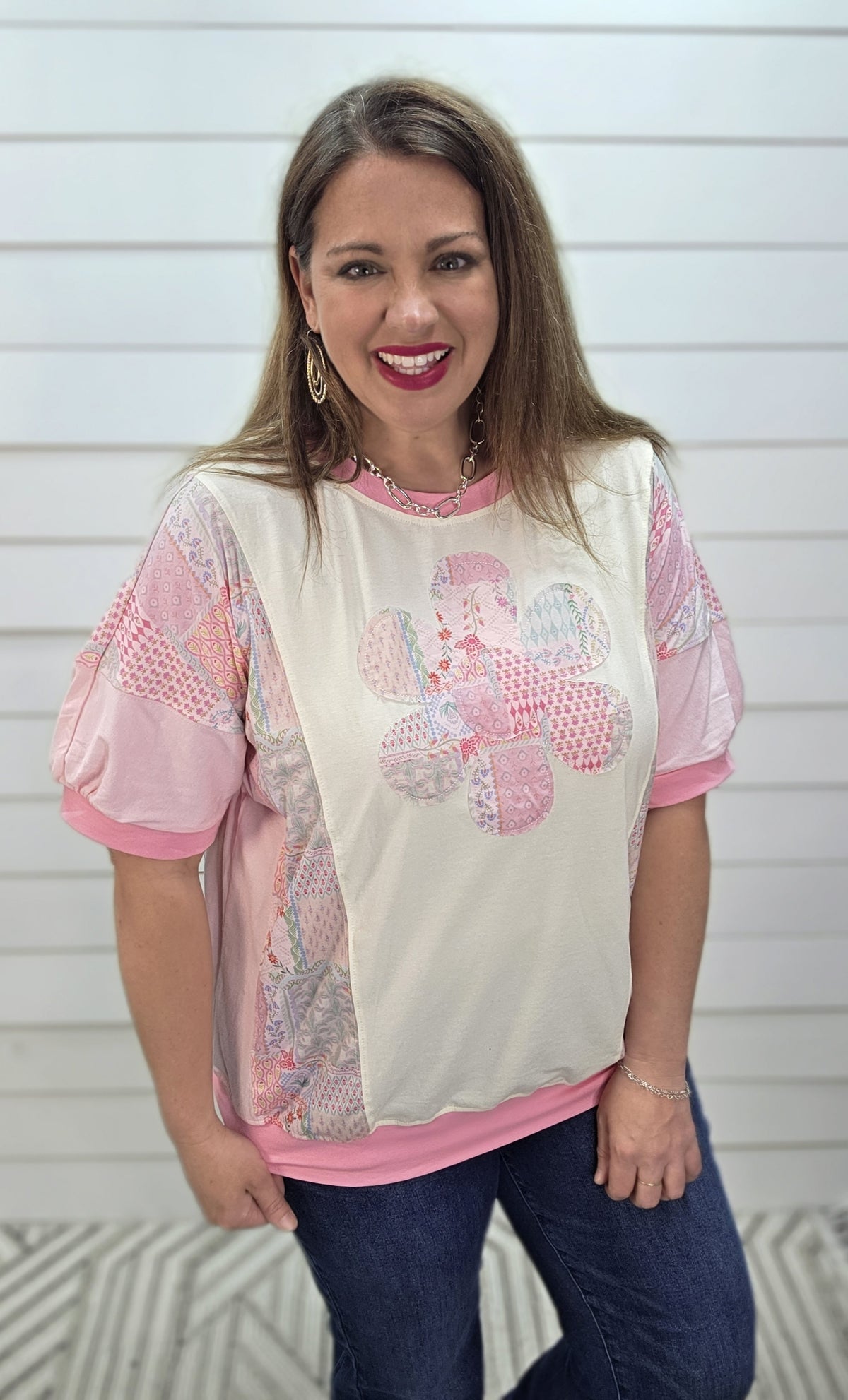 BEIGE/PINK BIG FLORAL PATCHWORK KNIT TOP