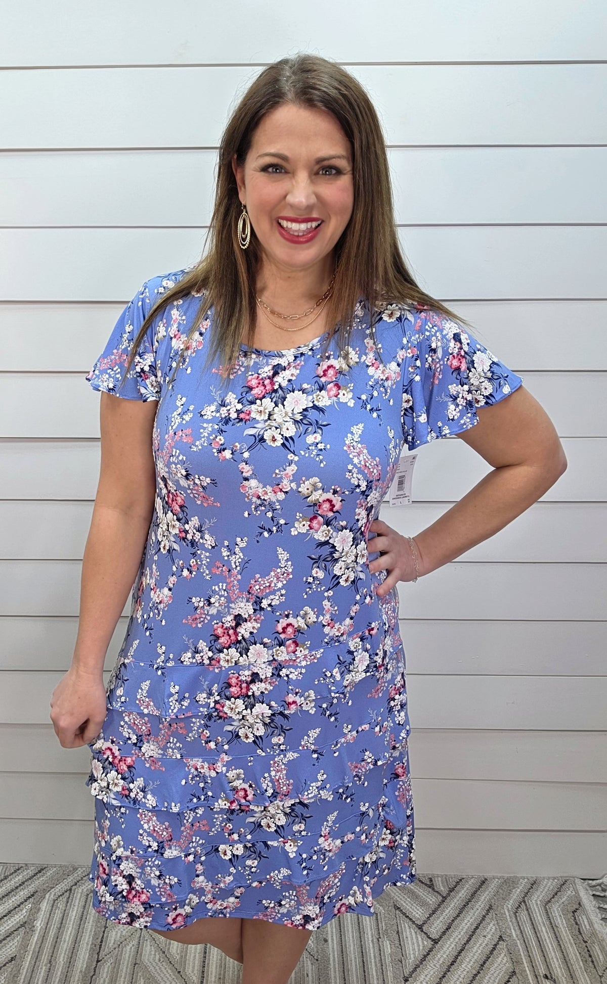 BLUE FLORAL TEXTURED DRESS W/ RUFFLE TIERS