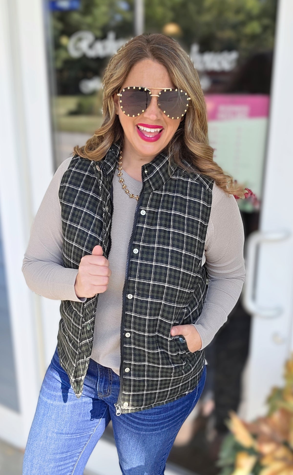 DK GREEN CHECK PLAID SNAP/ZIPPER VEST