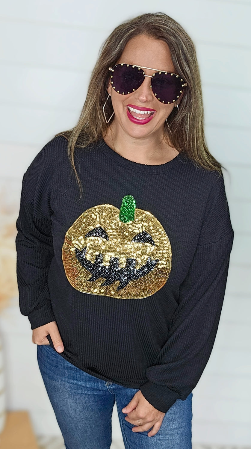 BLACK SEQUIN JACK O LANTERN RAISED RIBBED TOP