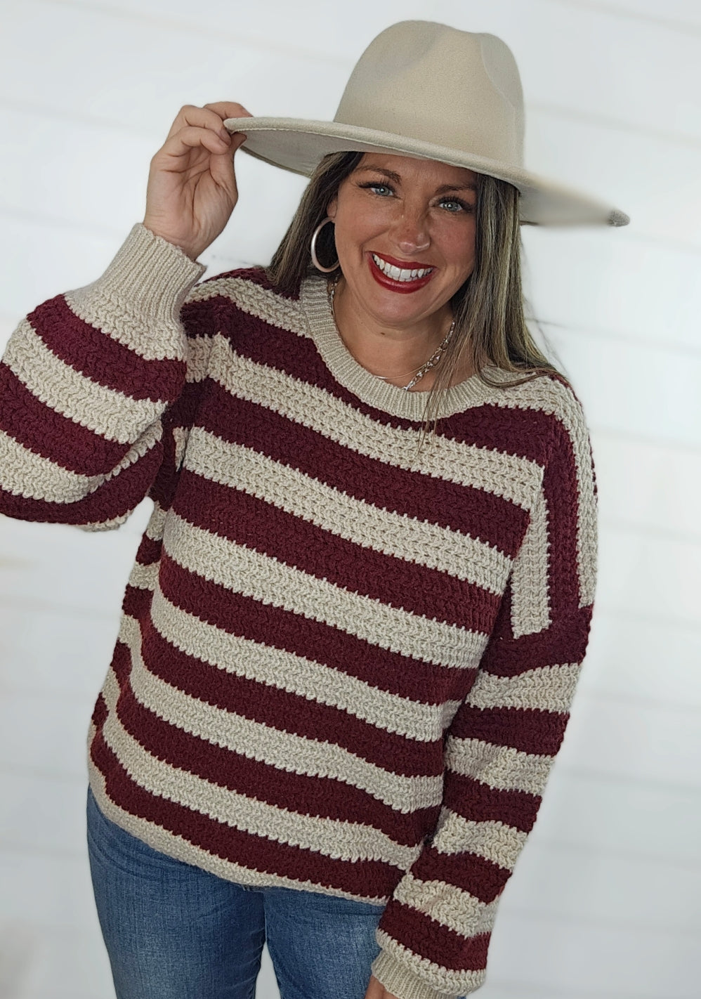 BURGUNDY/CREAM STRIPED KNIT SWEATER