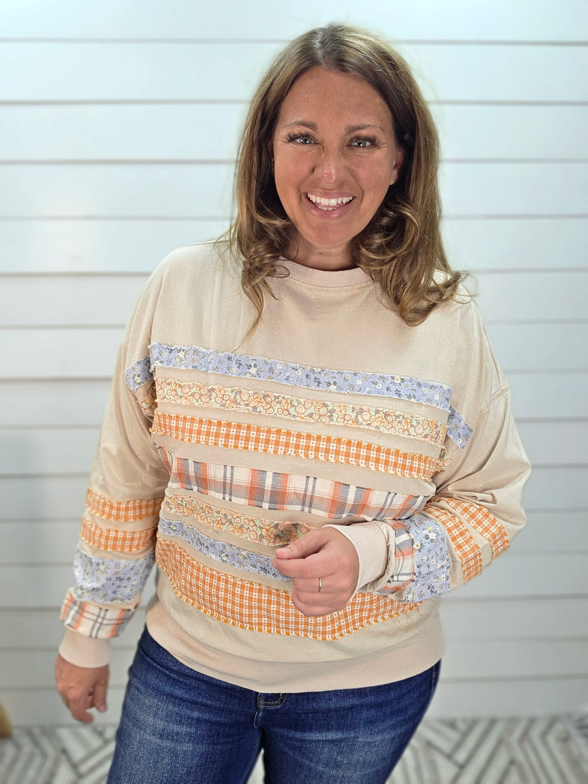 KHAKI MINERAL PATCHWORK COTTON TOP