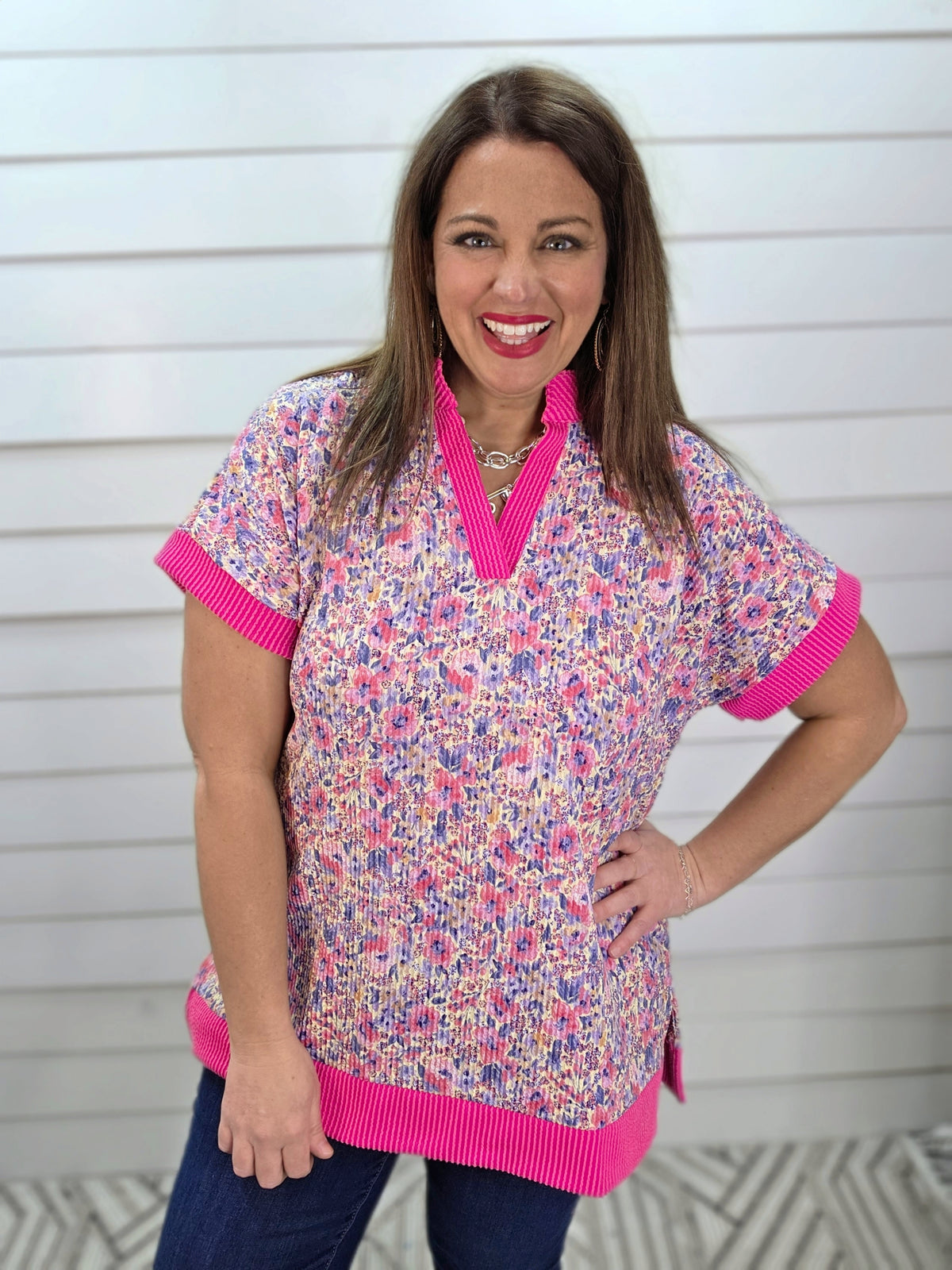 PINK/PURPLE RAISED RIBBED FLORAL V NECK KNIT TOP