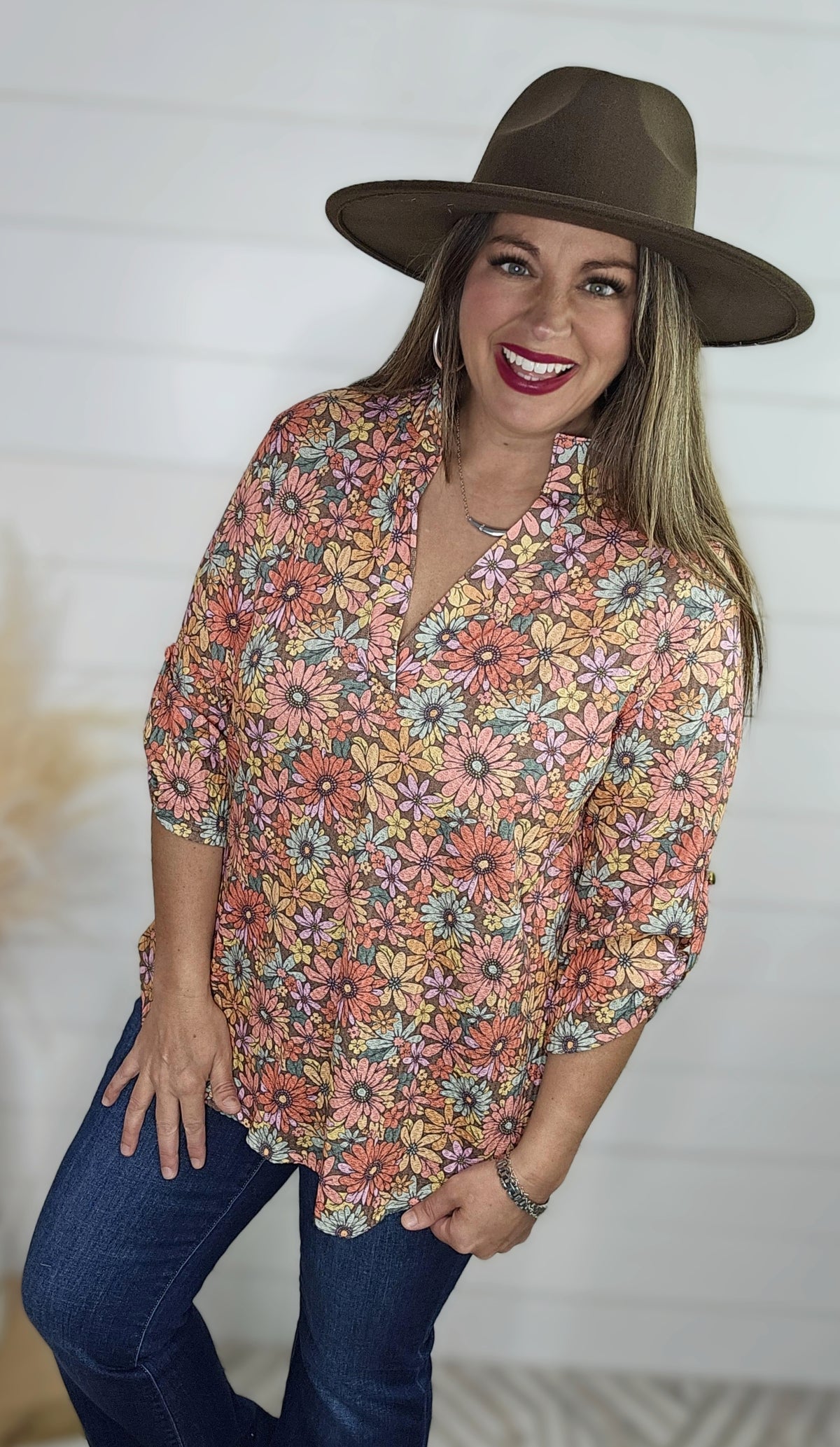 MOCHA WAFFLE TOP W/ BRIGHT FLORAL V NECK TOP