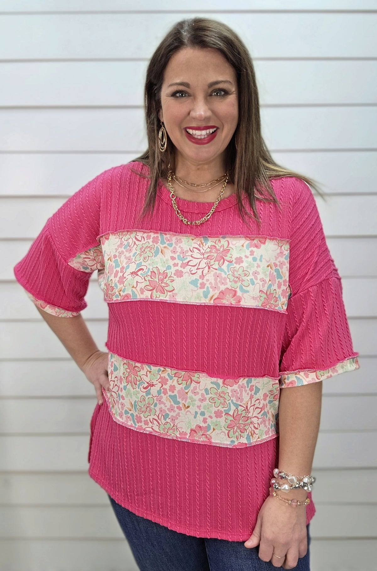 FUCHSIA TEXTURED KNIT TOP W/ FLORAL COLORBLOCK