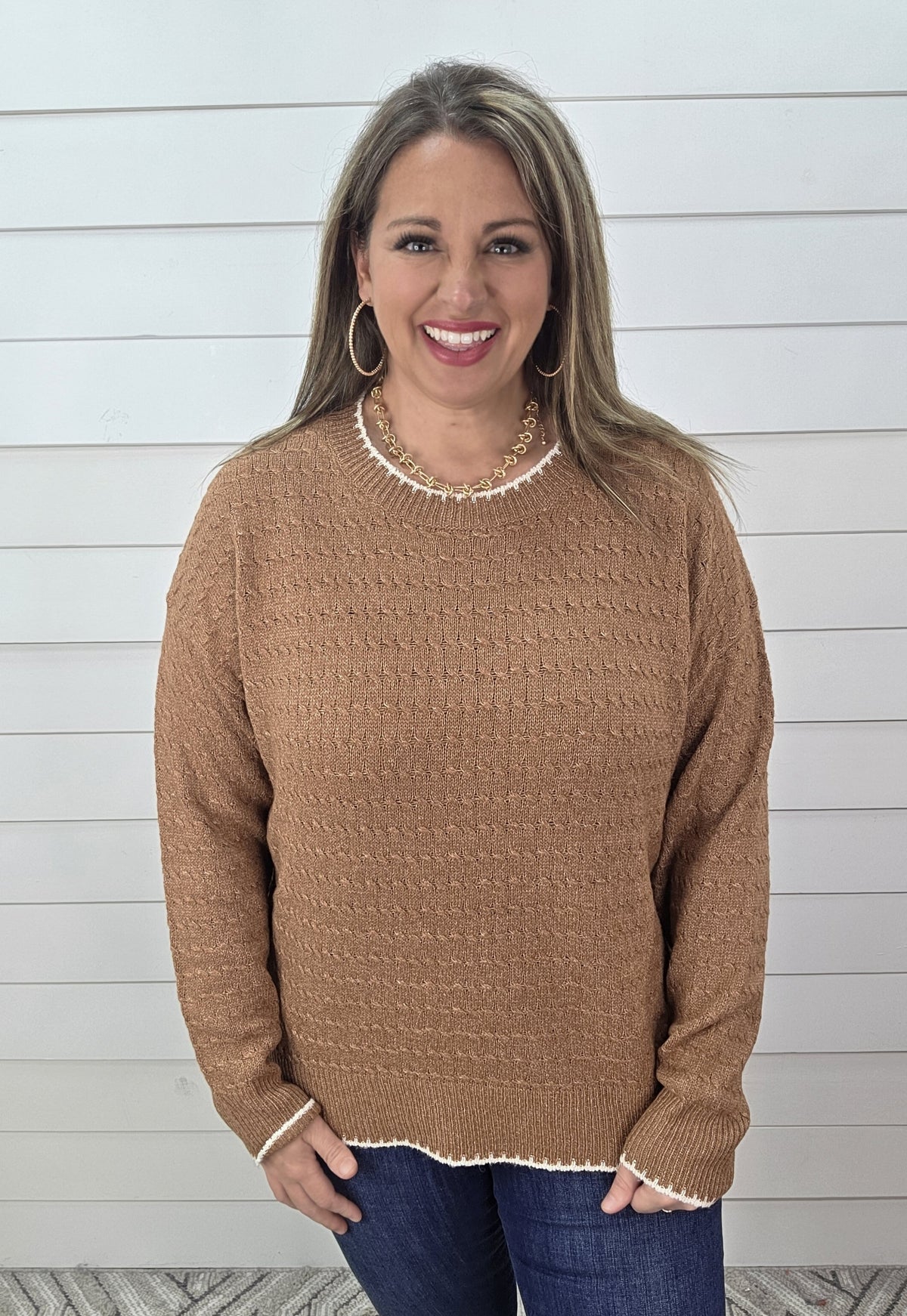 CAMEL CABLE TEXTURED/ CREAM TRIM SWEATER