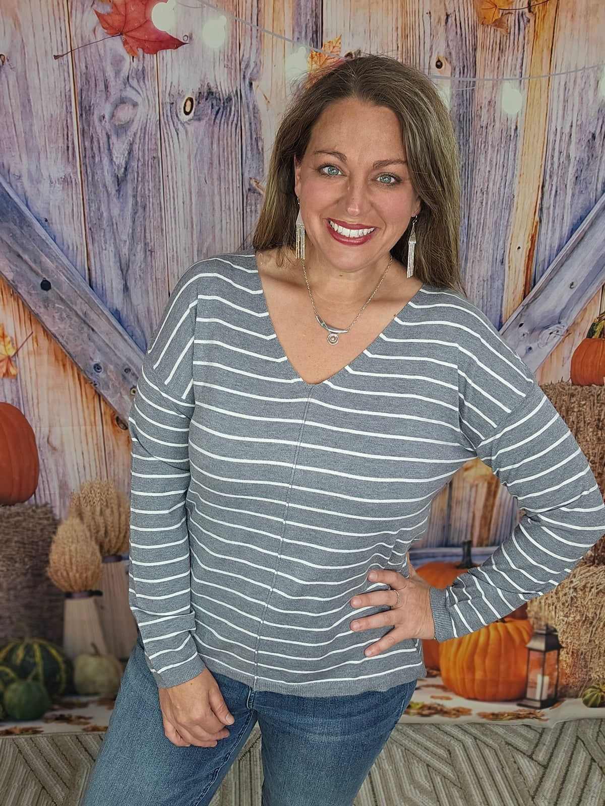 GREY/WHITE STRIPED V NECK LIGHT WEIGHT SWEATER