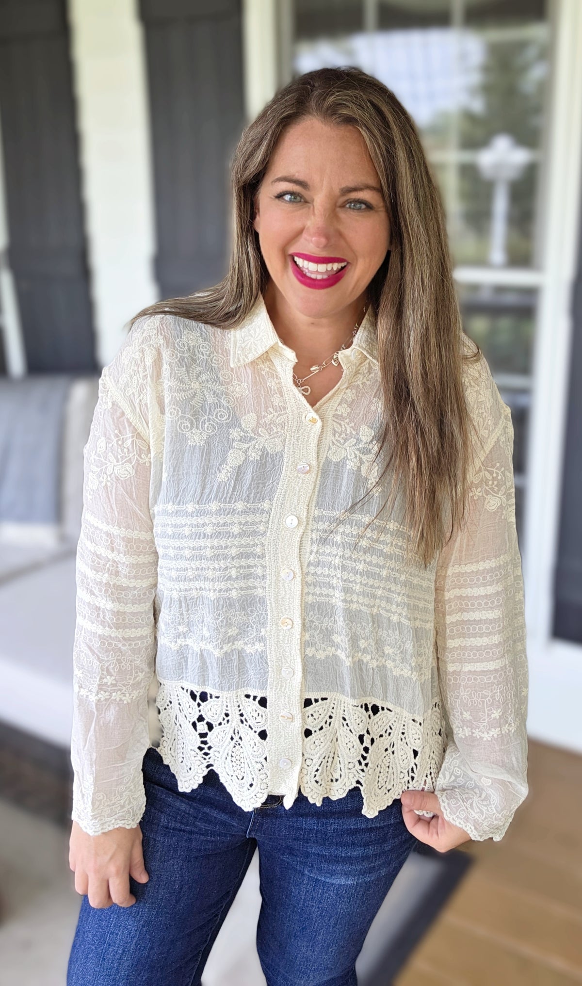 BEIGE EMBROIDERED BUTTON DOWN CROCHET LACE TOP