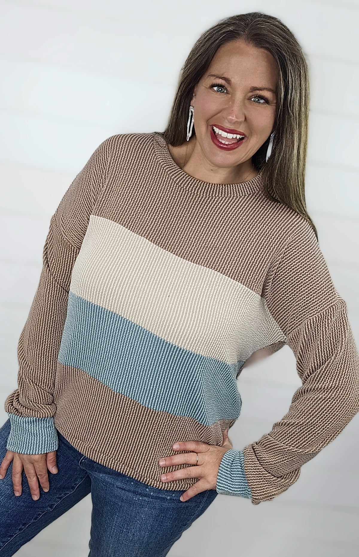 MOCHA/JADE COLORBLOCK RAISED RIBBED TOP