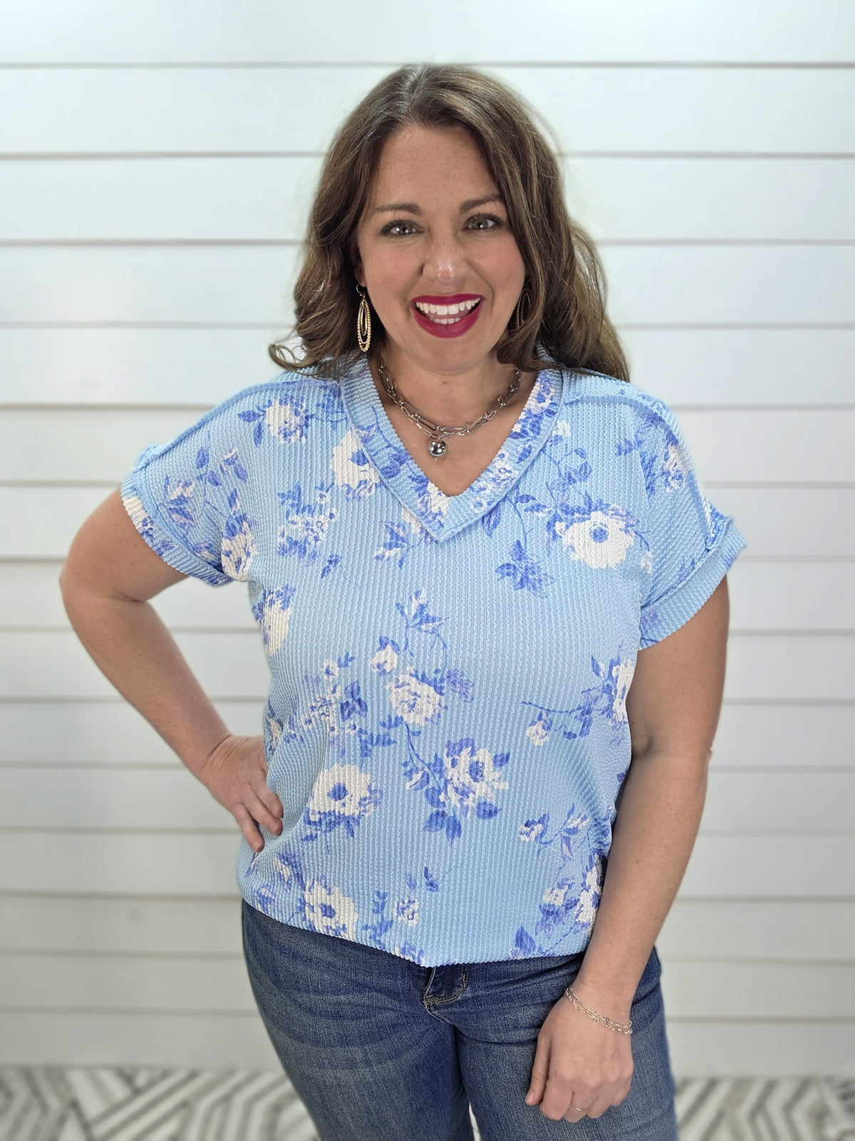 SKY BLUE RAISED RIBBED FLORAL V NECK KNIT TOP