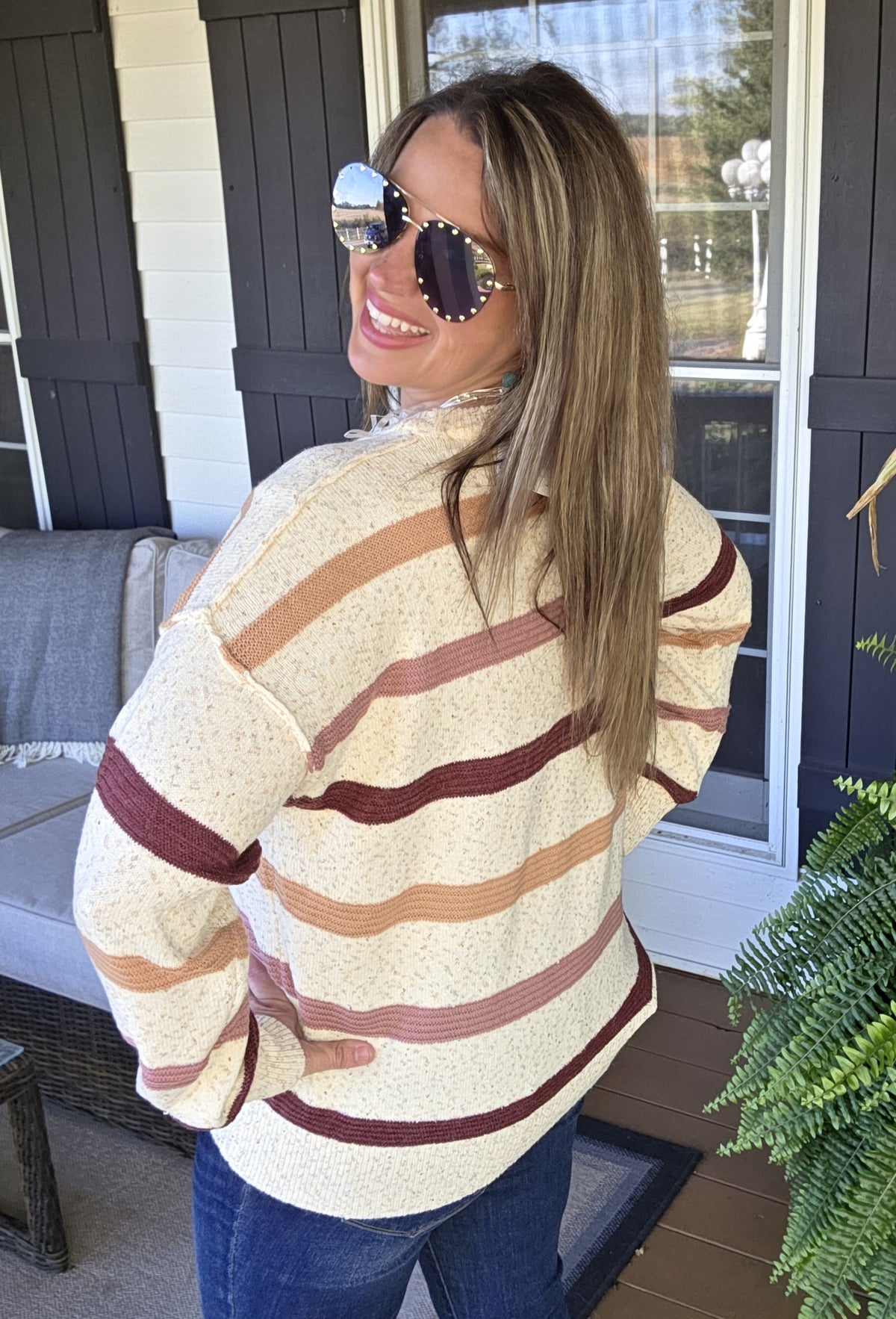 OATMEAL/ROSE SPECK STRIPED KNIT LIGHT WEIGHT SWEATER