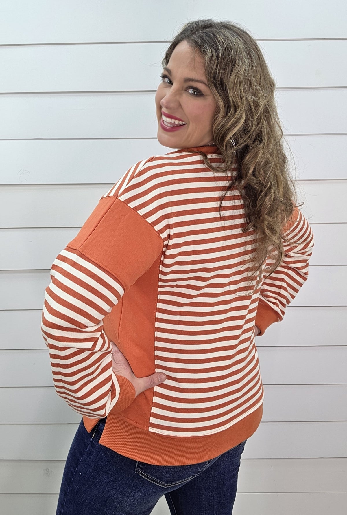 TANGERINE/CREAM STRIPED FRENCH TERRY PULLOVER