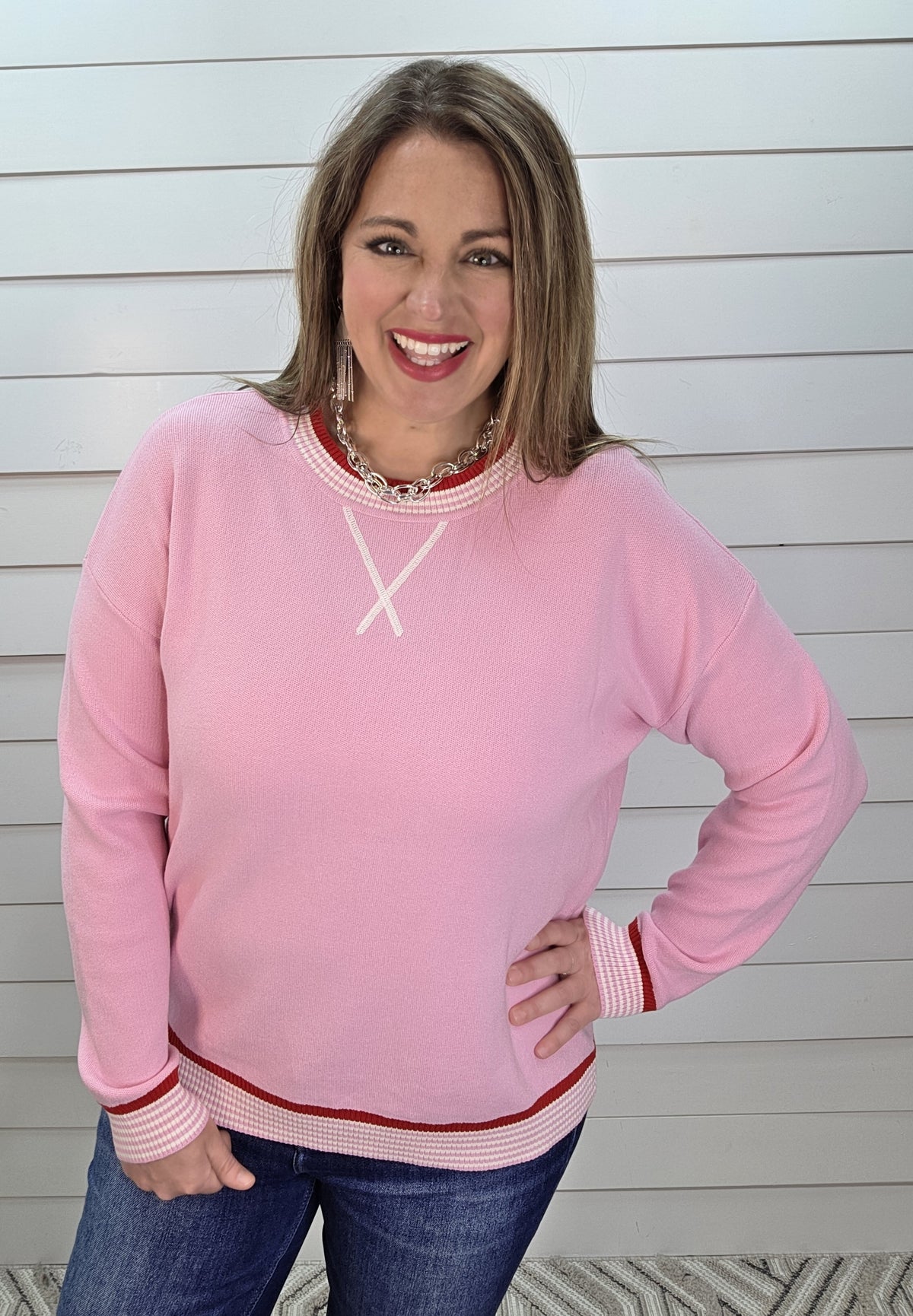 PINK CONTRAST SWEATER W/ RED/WHITE TRIM