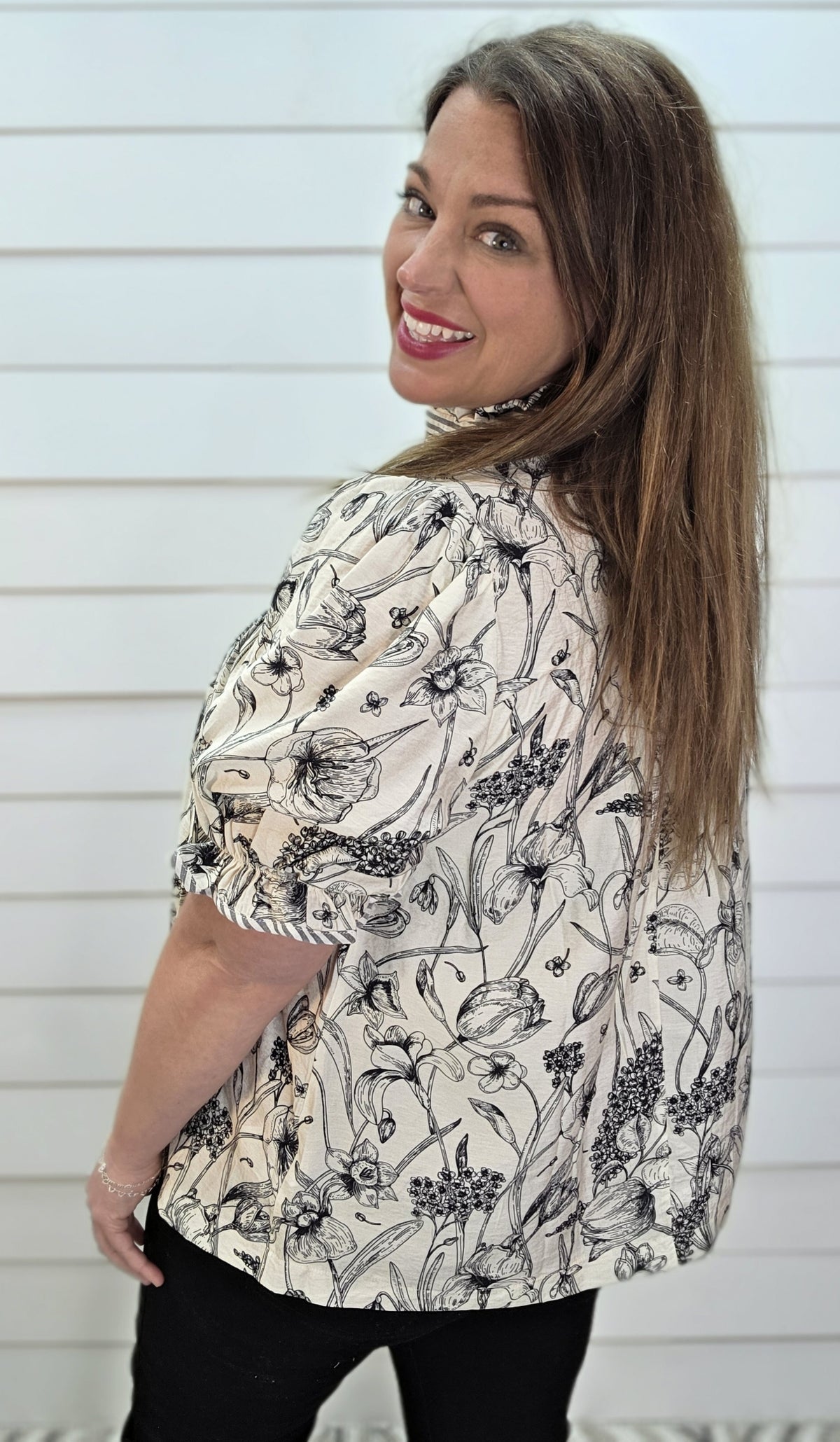 BLACK AND WHITE FLORAL WOVEN BUTTON DOWN STRIPED CONTRAST OVERSIZED TOP