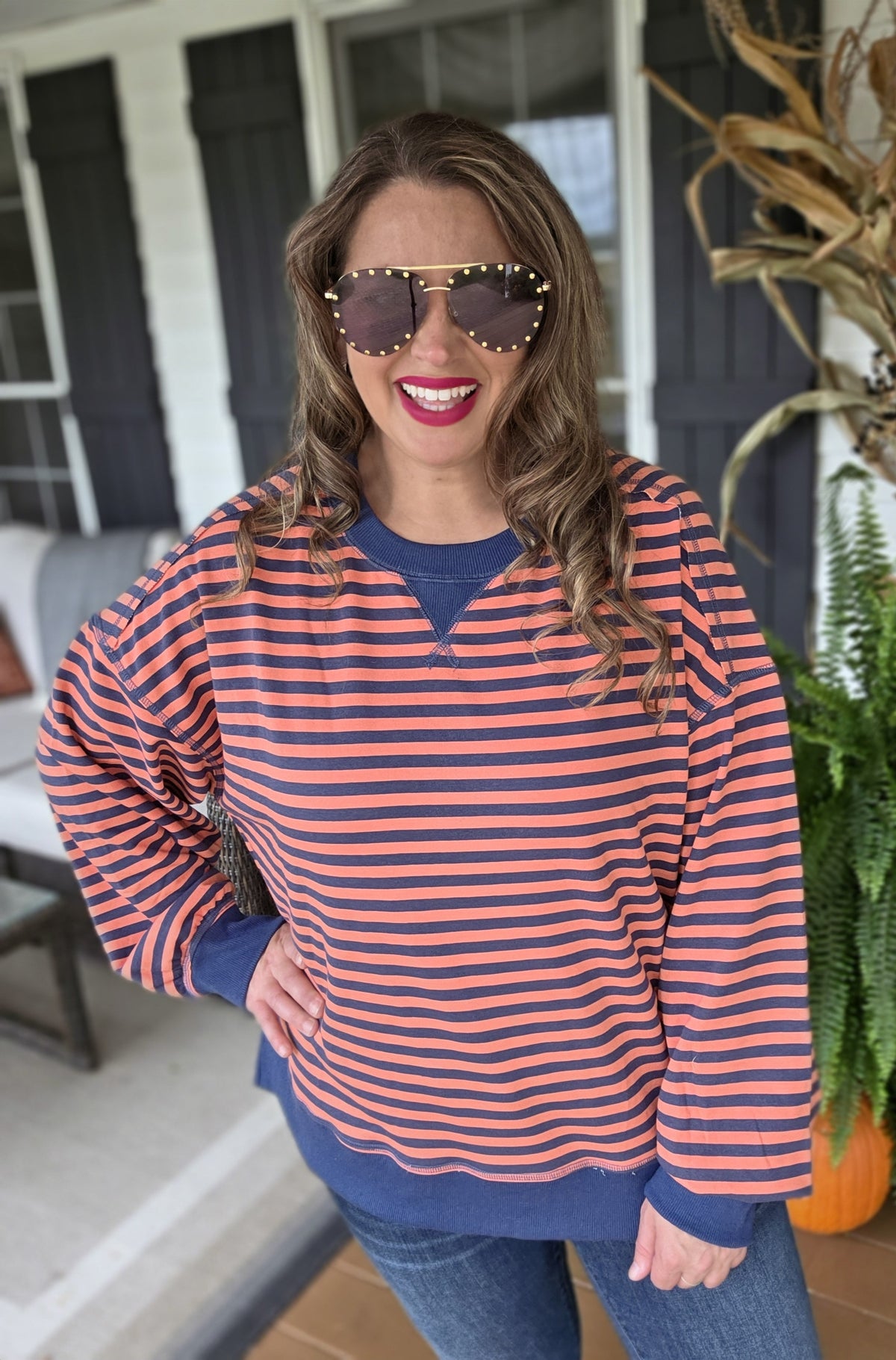 CORAL/NAVY STRIPED OVERSIZED KNIT TOP