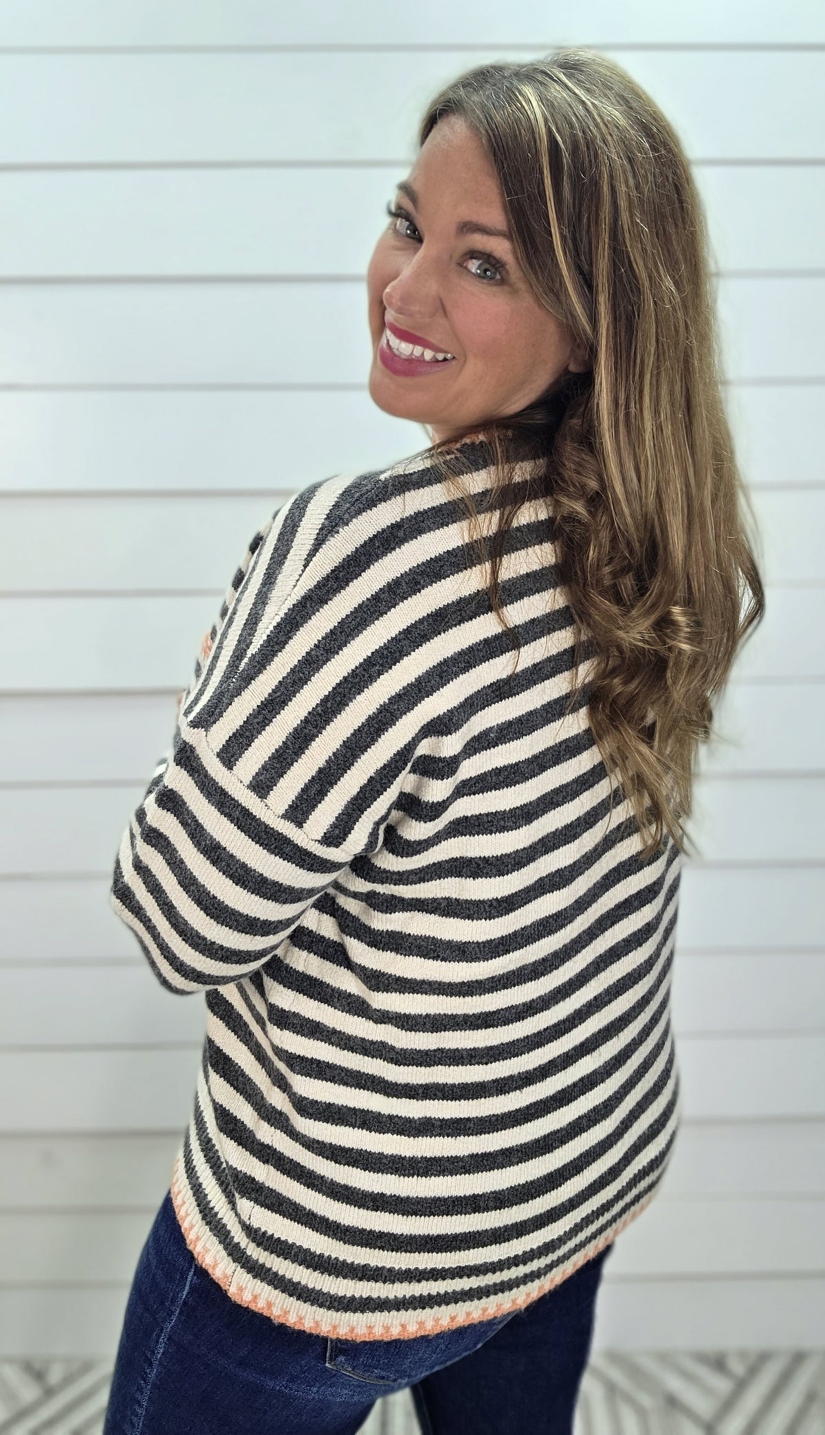 GUN METAL Pop Color Blanket Stitch Finished Chest Pocket Long Sleeve Striped Sweater
