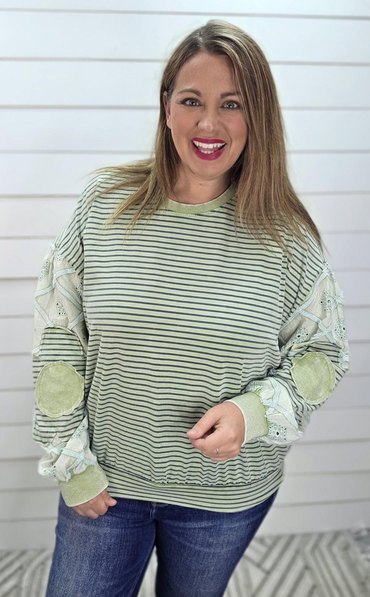 DUSTY SAGE STRIPED KNIT TOP W/ CROCHET AND FLORAL ACCENT SLEEVES