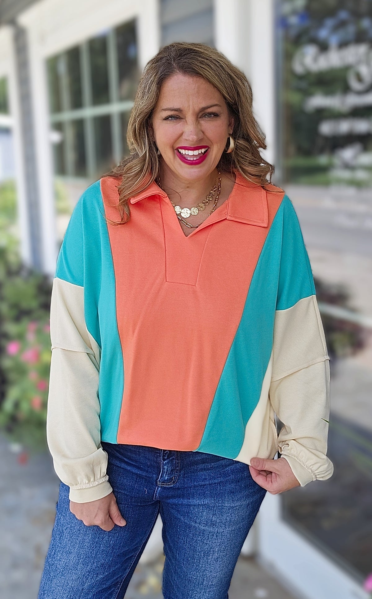 CORAL/JADE/CREAM COLORBLOCK V NECK PULLOVER