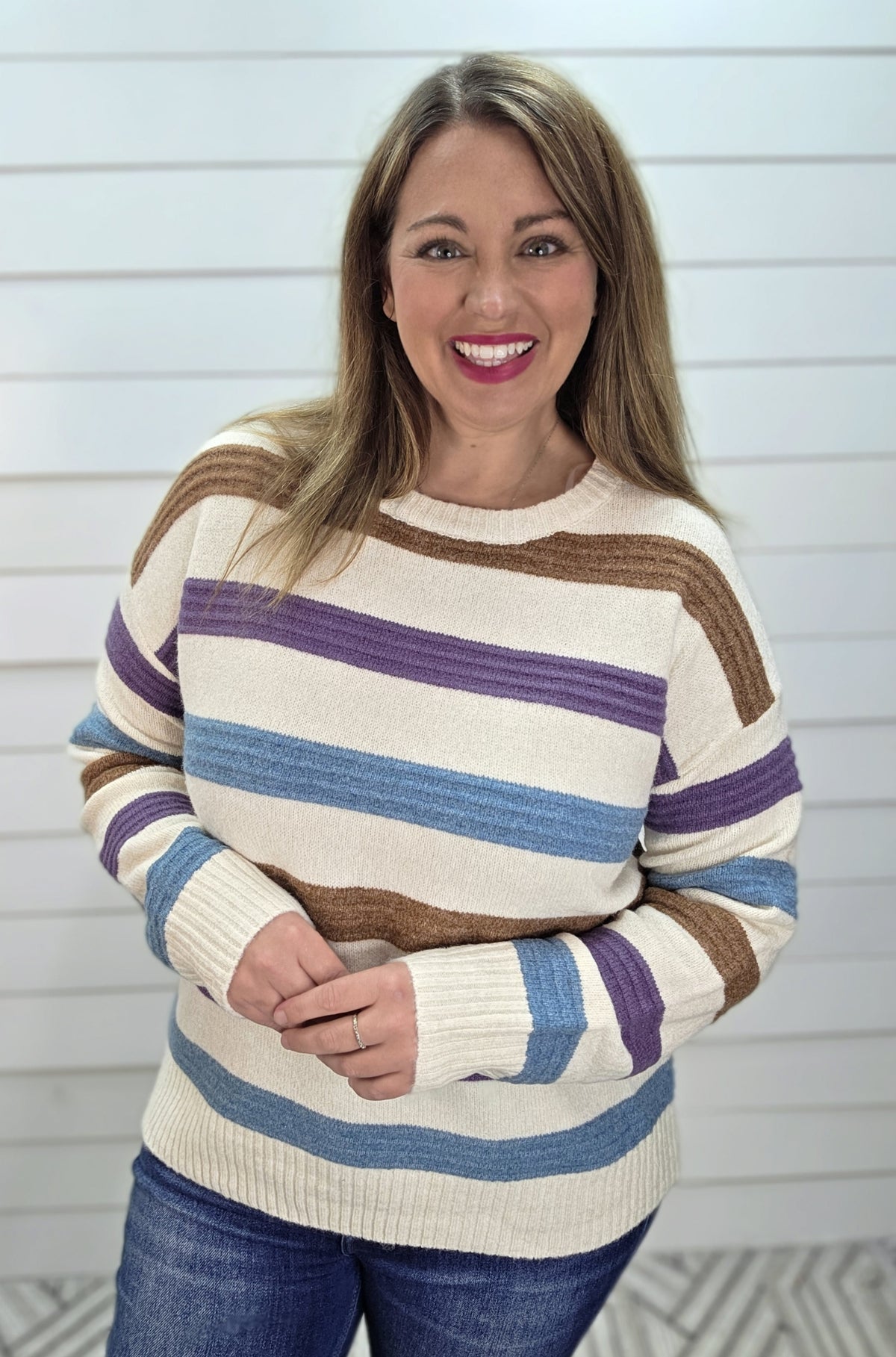 PURPLE/BLUE Multi Color Pintuck Texture Striped, Long Sleeve SWEATER
