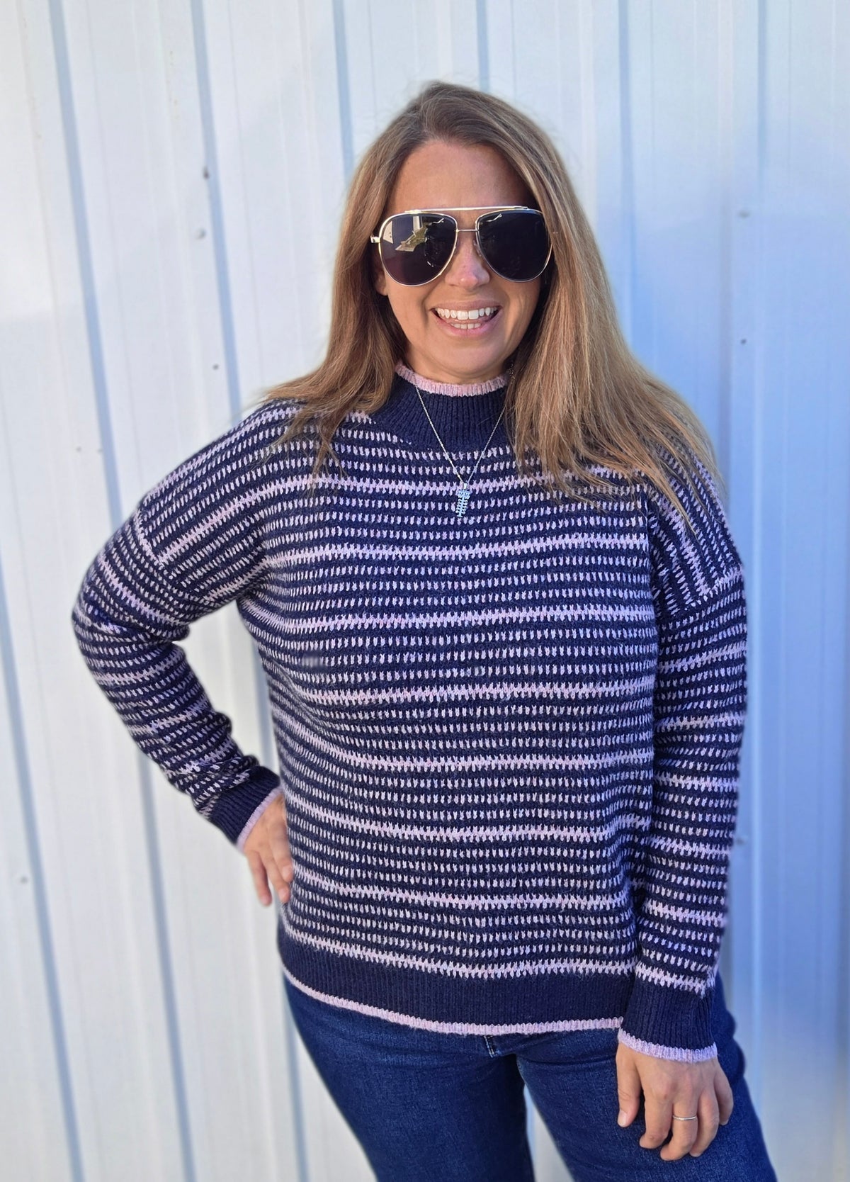 NAVY/LAVENDER Texture Striped, Crew Neck, Long Sleeve, Pullover Sweater