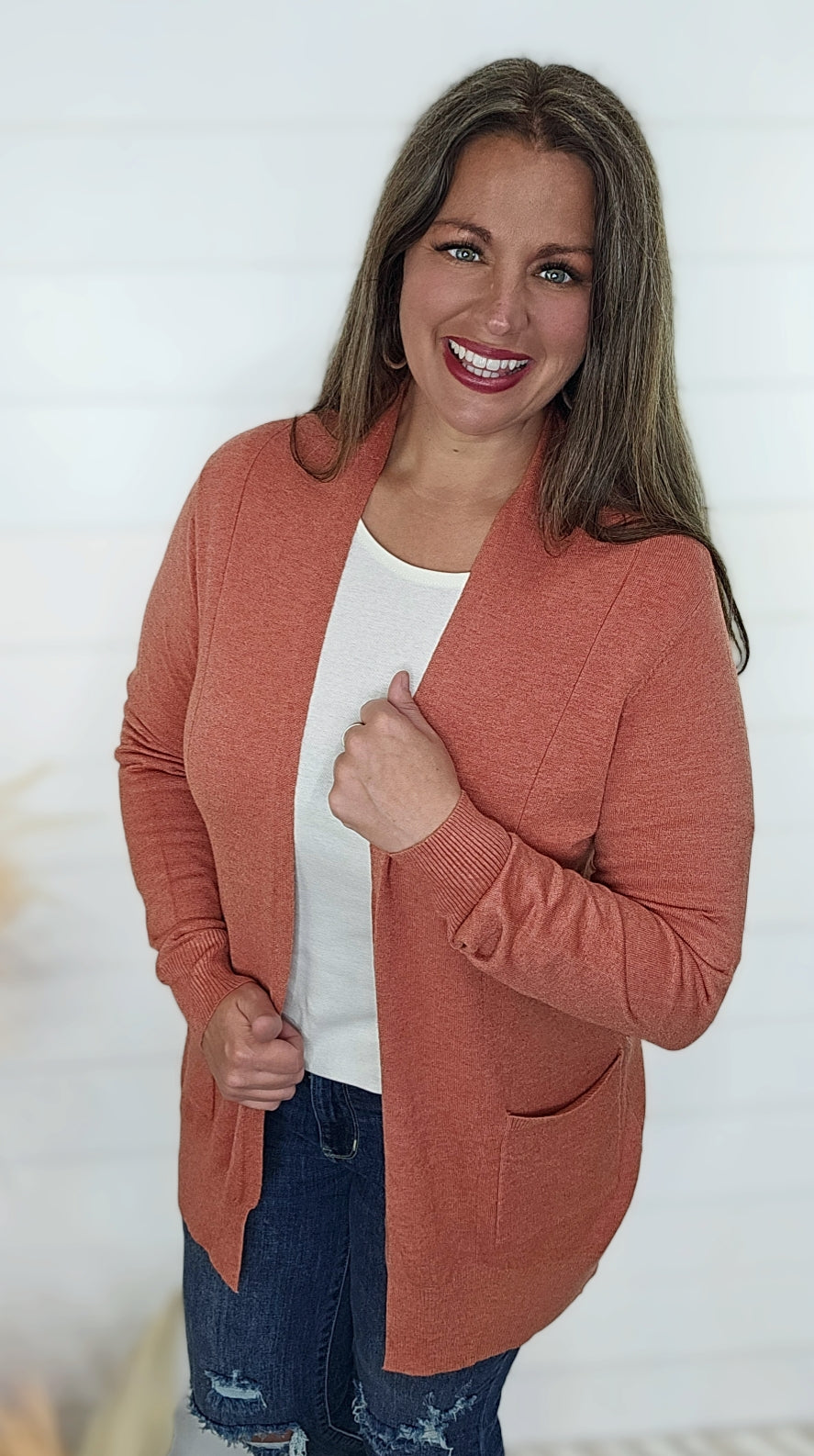 HEATHERED REDWOOD ULTRA SOFT OPEN FRONT CARDIGAN W/ SIDE POCKETS