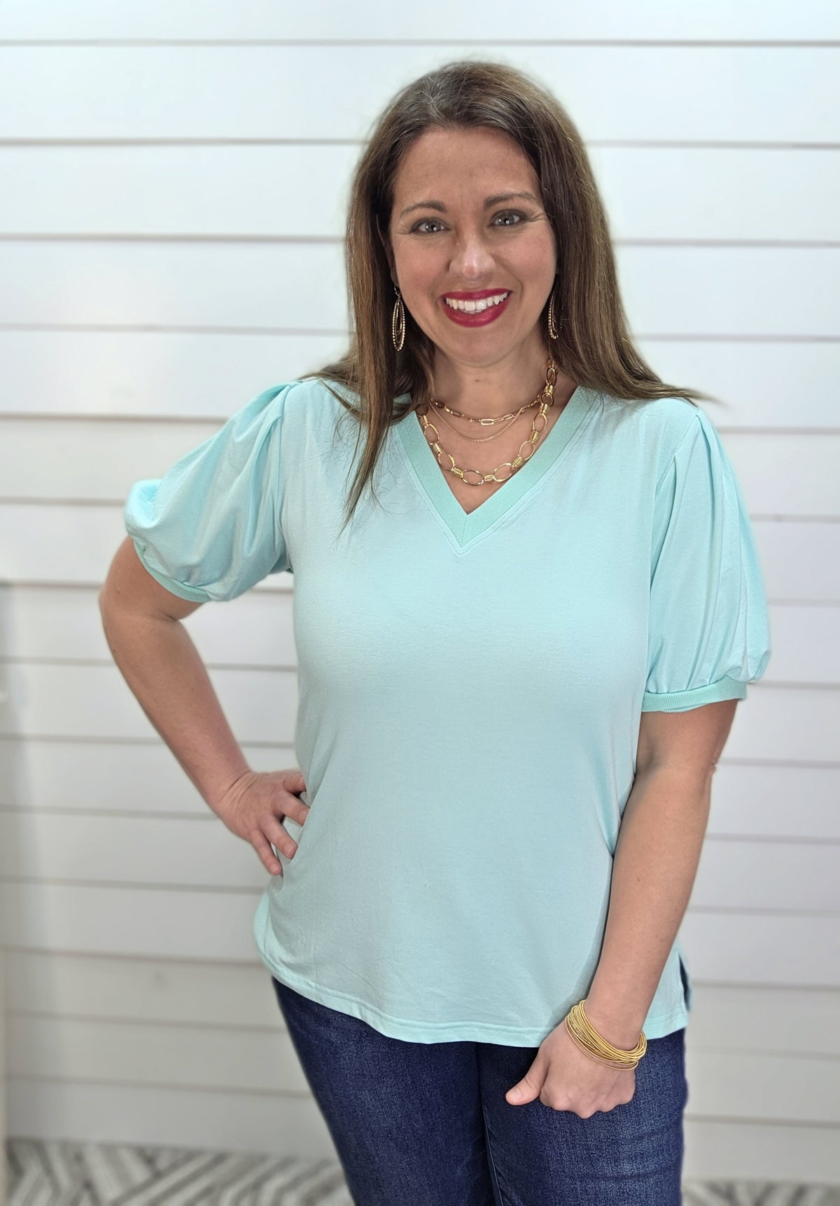 MINT V NECK PUFF SLEEVE KNIT TOP