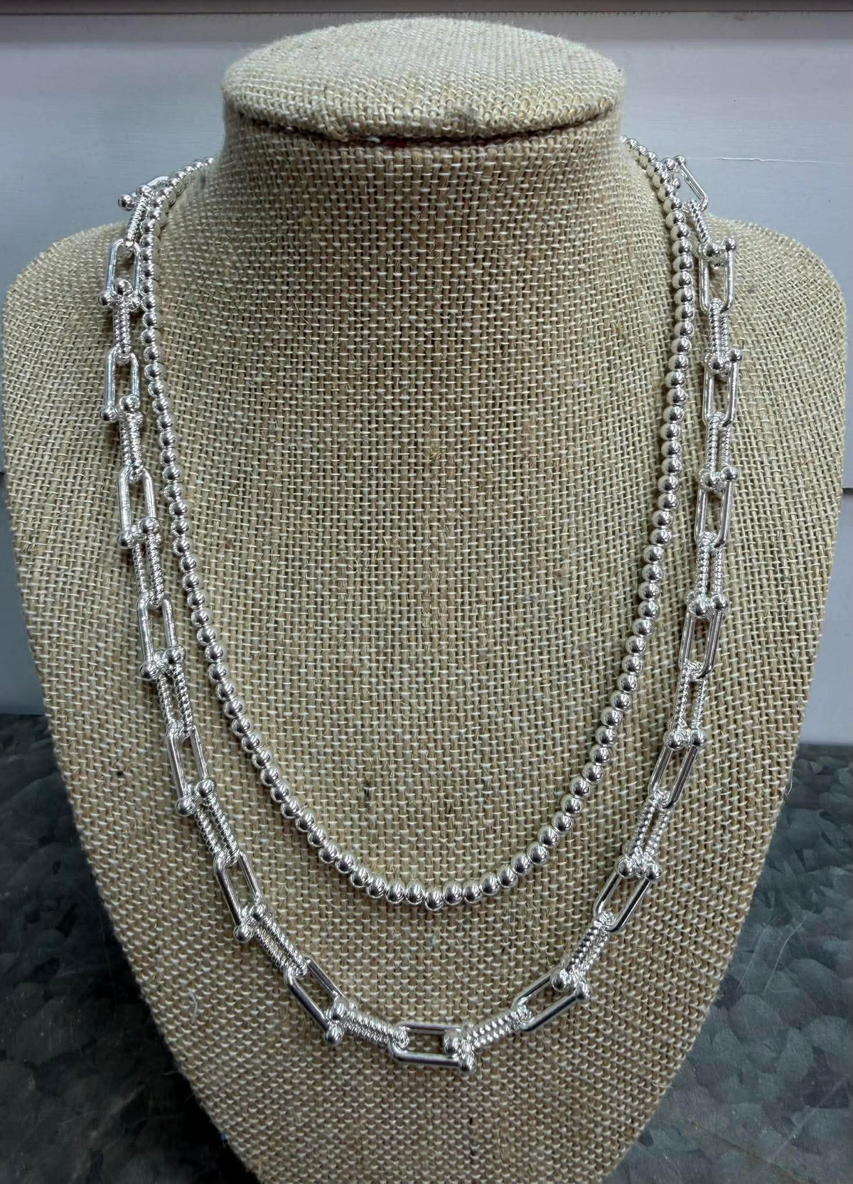 WATER RESISTANT DOUBLE LAYER SILVER BEADED W. U CHAIN