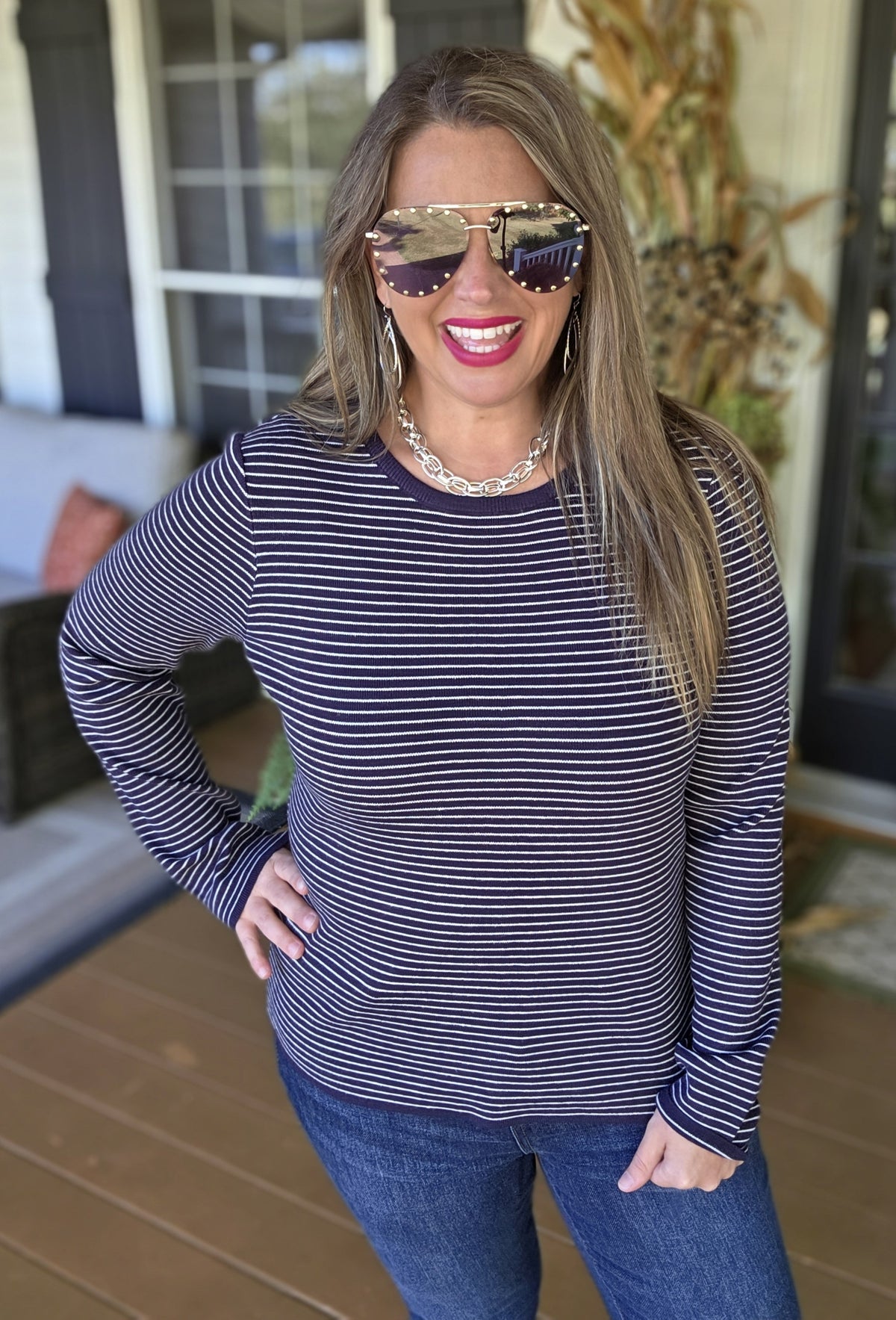 DARK NAVY PINSTRIPED PULLOVER SWEATER