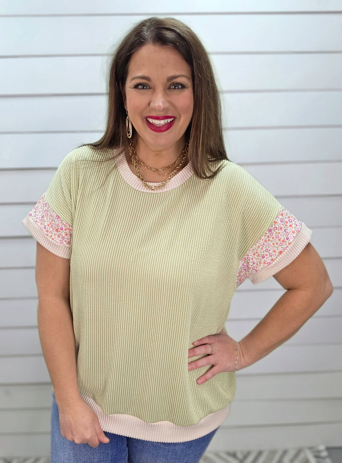 SAGE RAISED RIBBED KNIT TOP W/ FLORAL TRIM